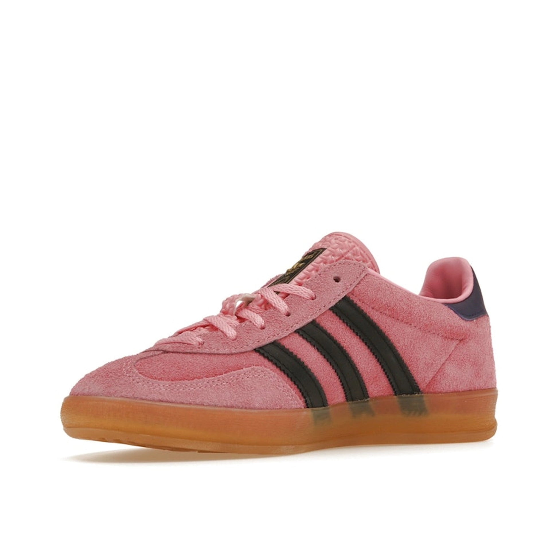 Adidas Gazelle Indoor Women's sneakers, front view, model IE7002, bliss pink with purple.