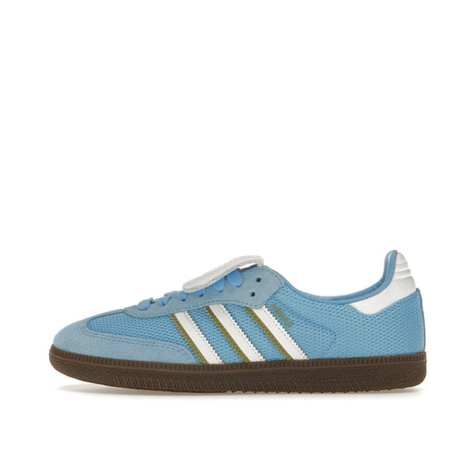 adidas Samba LT, side view, IE9170 in semi blue burst, blending suede and leather textures.