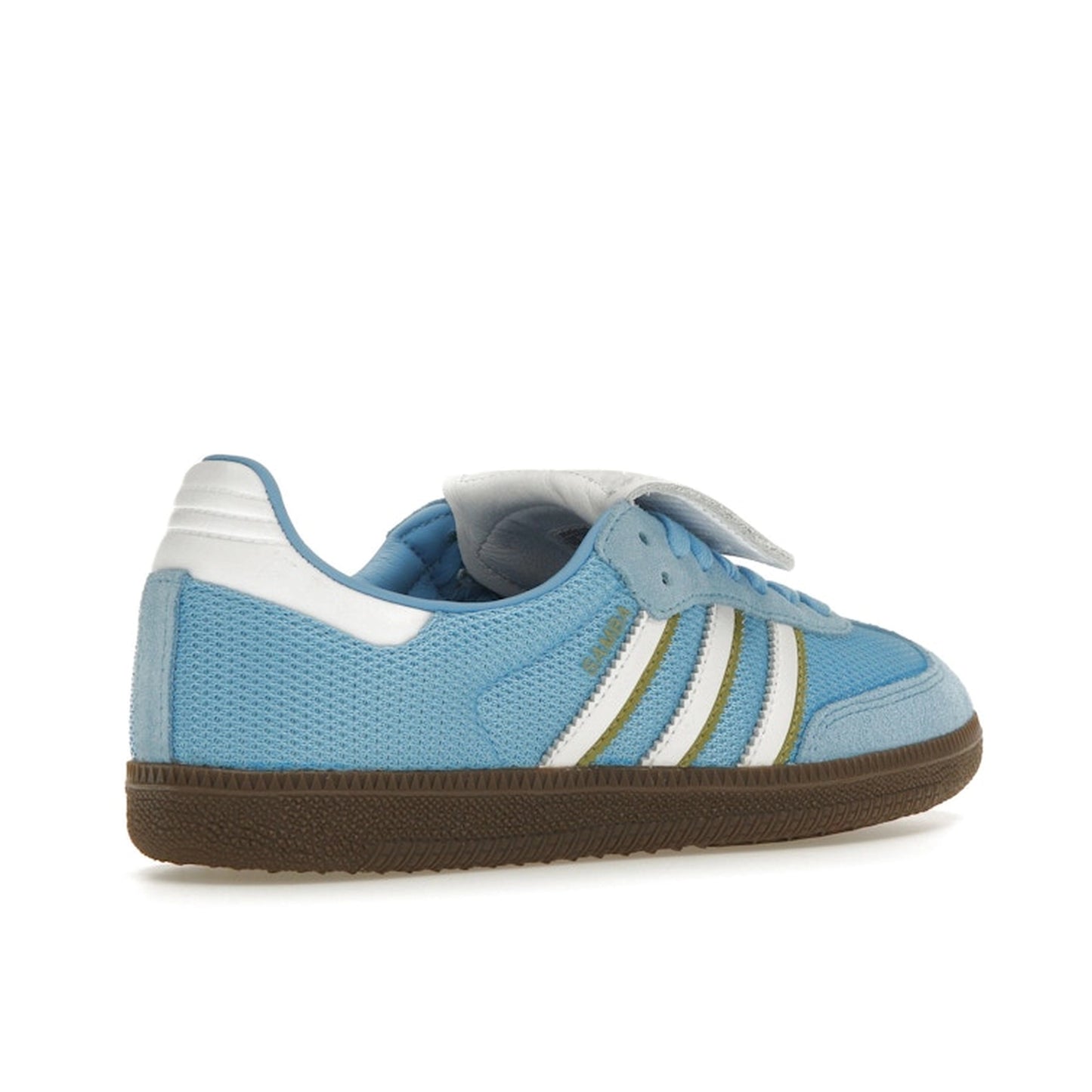 adidas Samba LT, back view, IE9170 in semi blue burst, blending suede and leather textures.