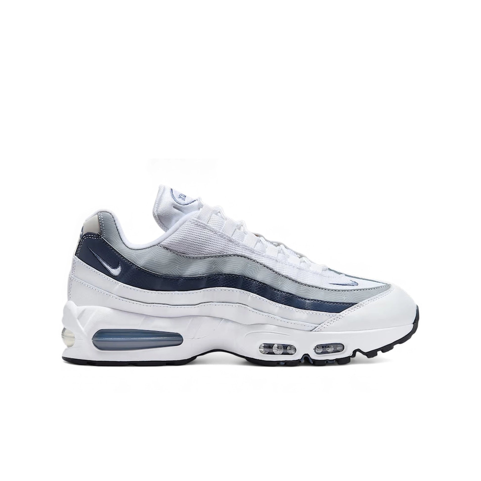 Nike Air Max 95 OG Diffused Blue IF2718-100, side view, in layered greys with bold blue accents.