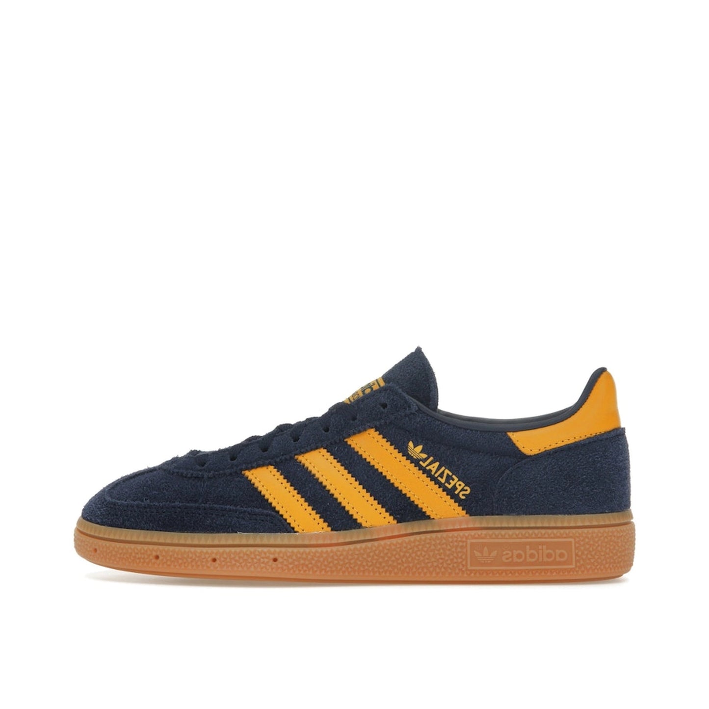 Adidas Handball Spezial sneakers, side view, model IF6565, in night indigo with yellow accents.