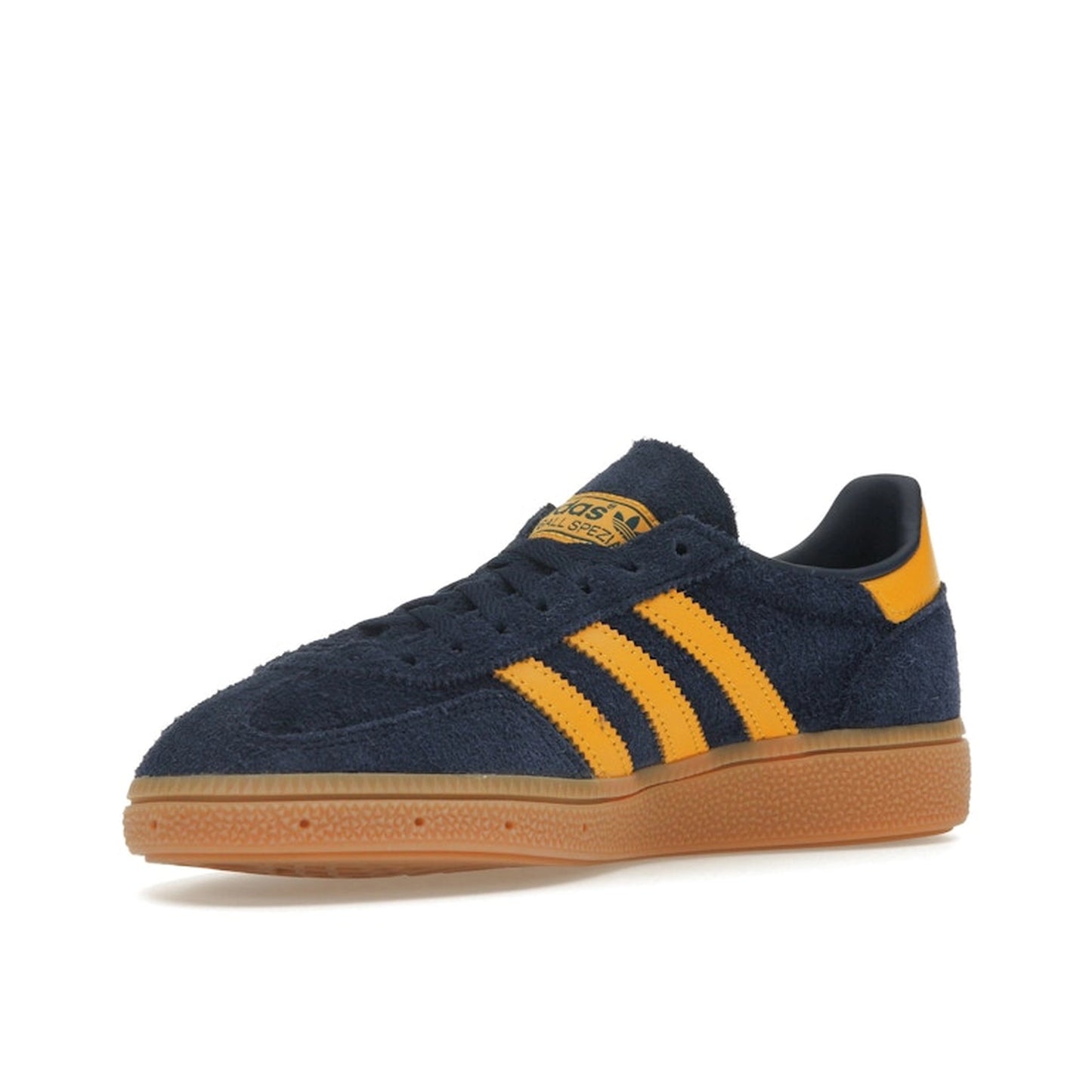 Adidas Handball Spezial sneakers, front view, model IF6565, in night indigo with yellow accents.