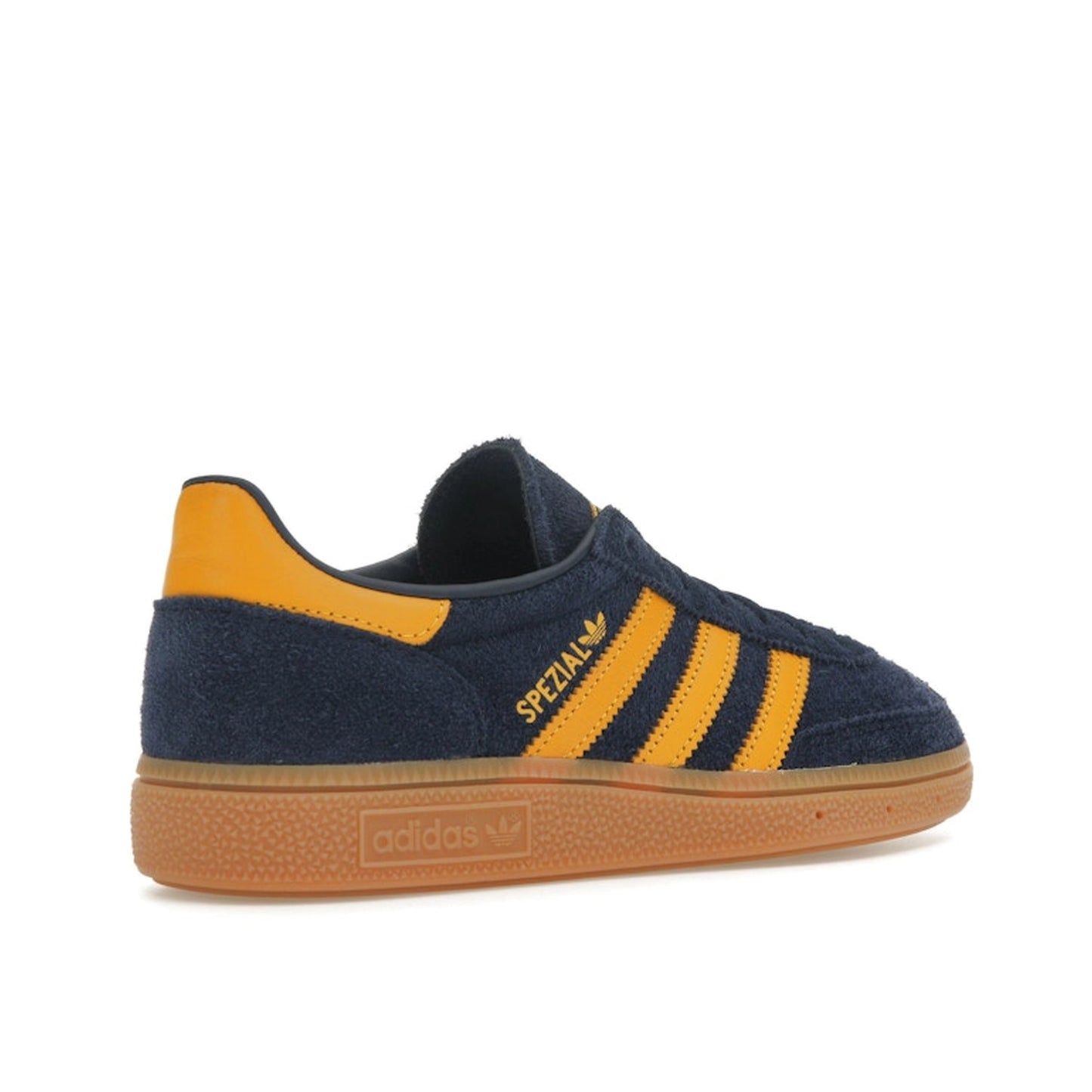 Adidas Handball Spezial sneakers, back view, model IF6565, in night indigo with yellow accents.