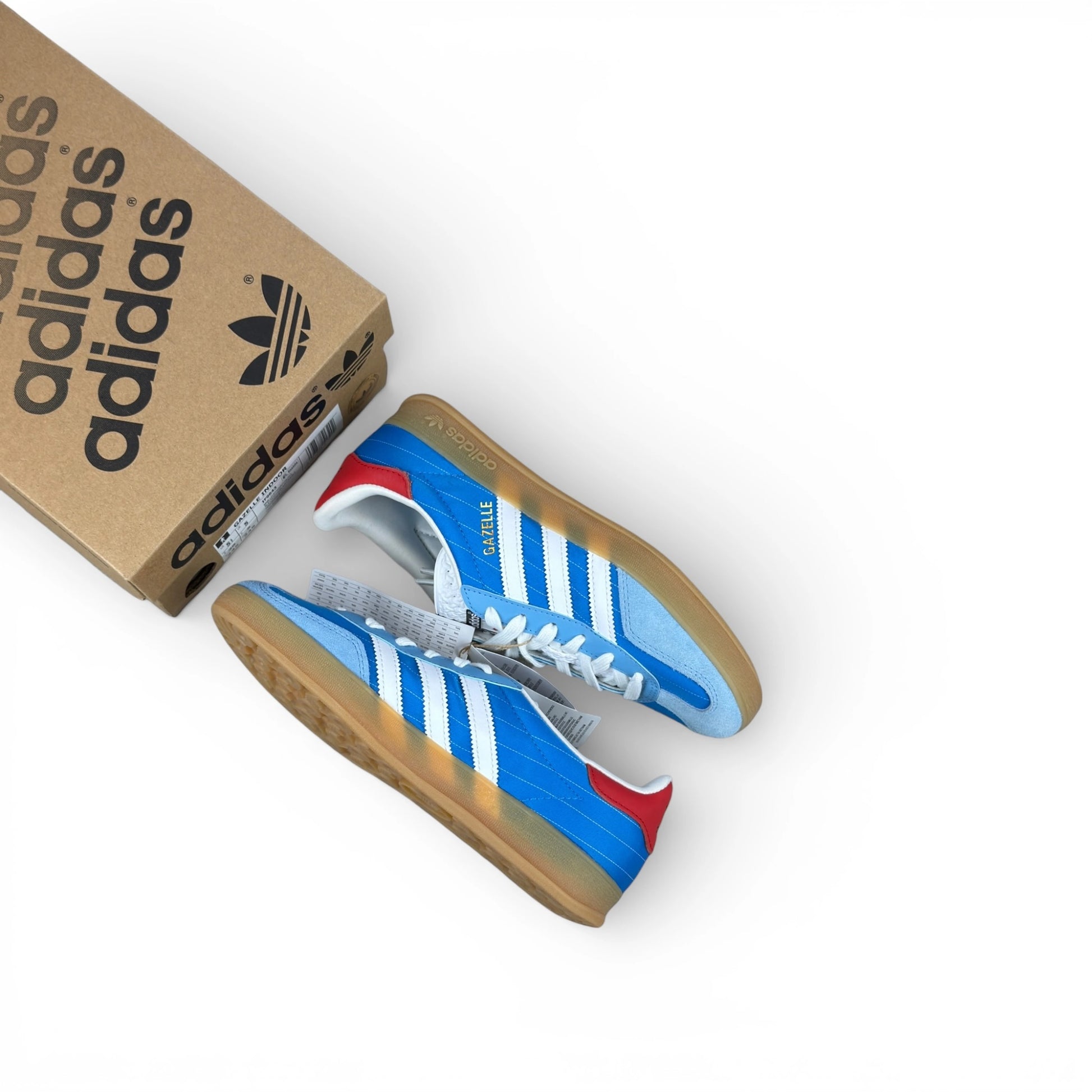 adidas Gazelle Indoor in Olympic Blue suede with white stripes and gum sole, EU 38, new with original box