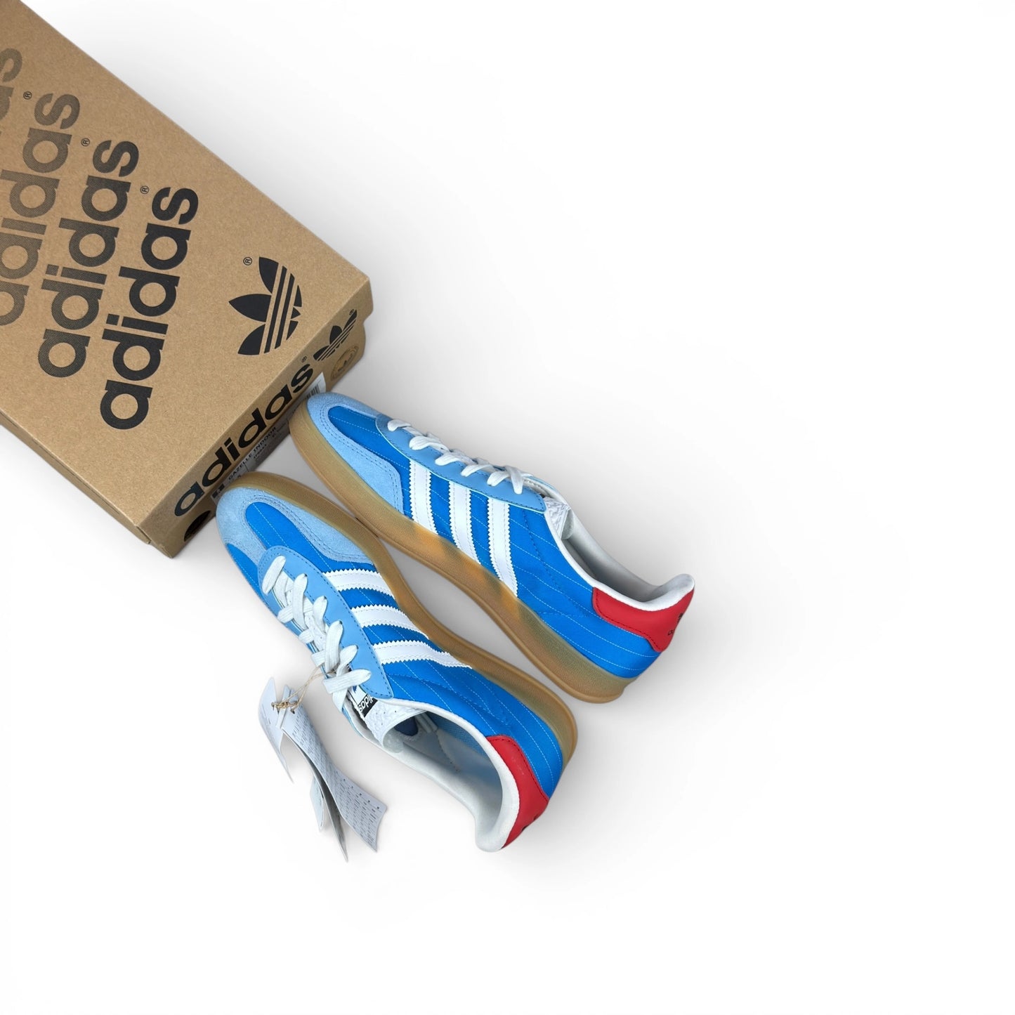adidas Gazelle Indoor in Olympic Blue suede with white stripes and gum sole, EU 38, new with original box