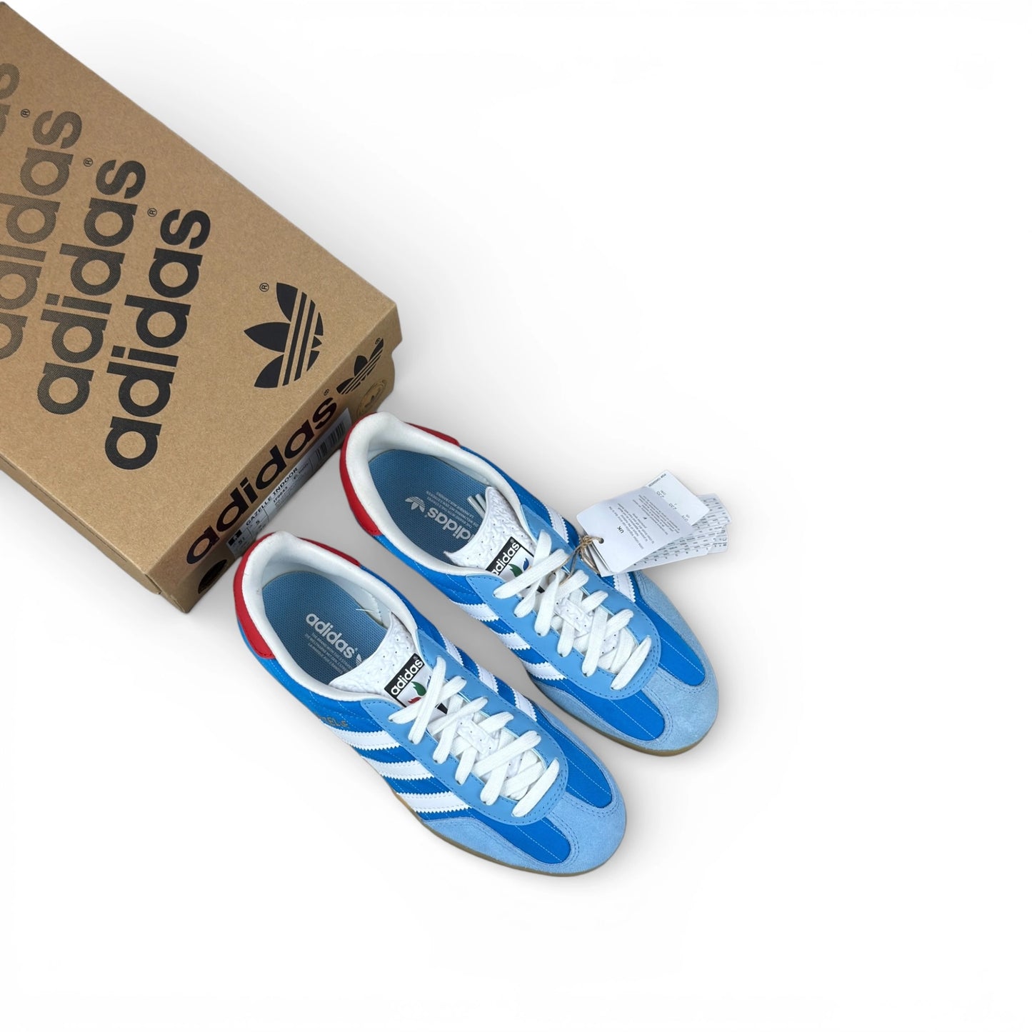 adidas Gazelle Indoor in Olympic Blue suede with white stripes and gum sole, EU 38, new with original box