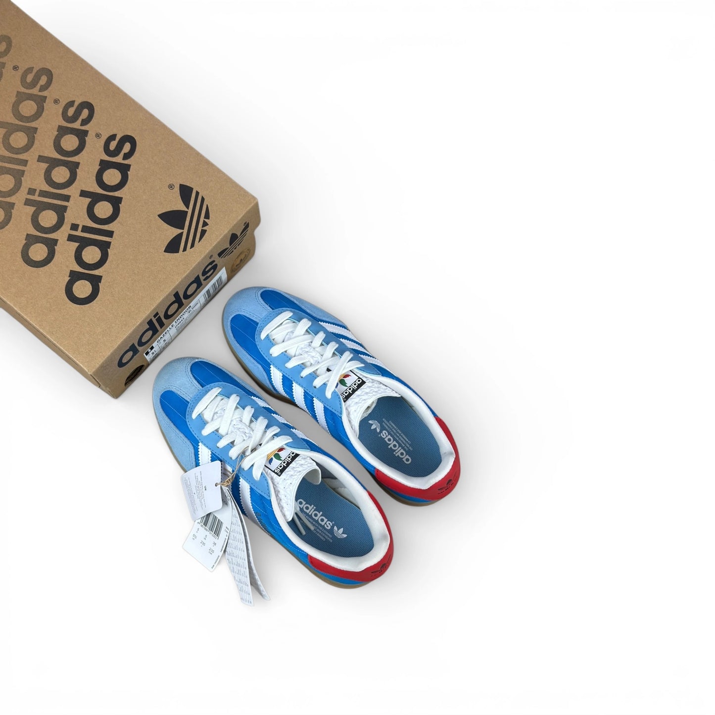 adidas Gazelle Indoor in Olympic Blue suede with white stripes and gum sole, EU 38, new with original box