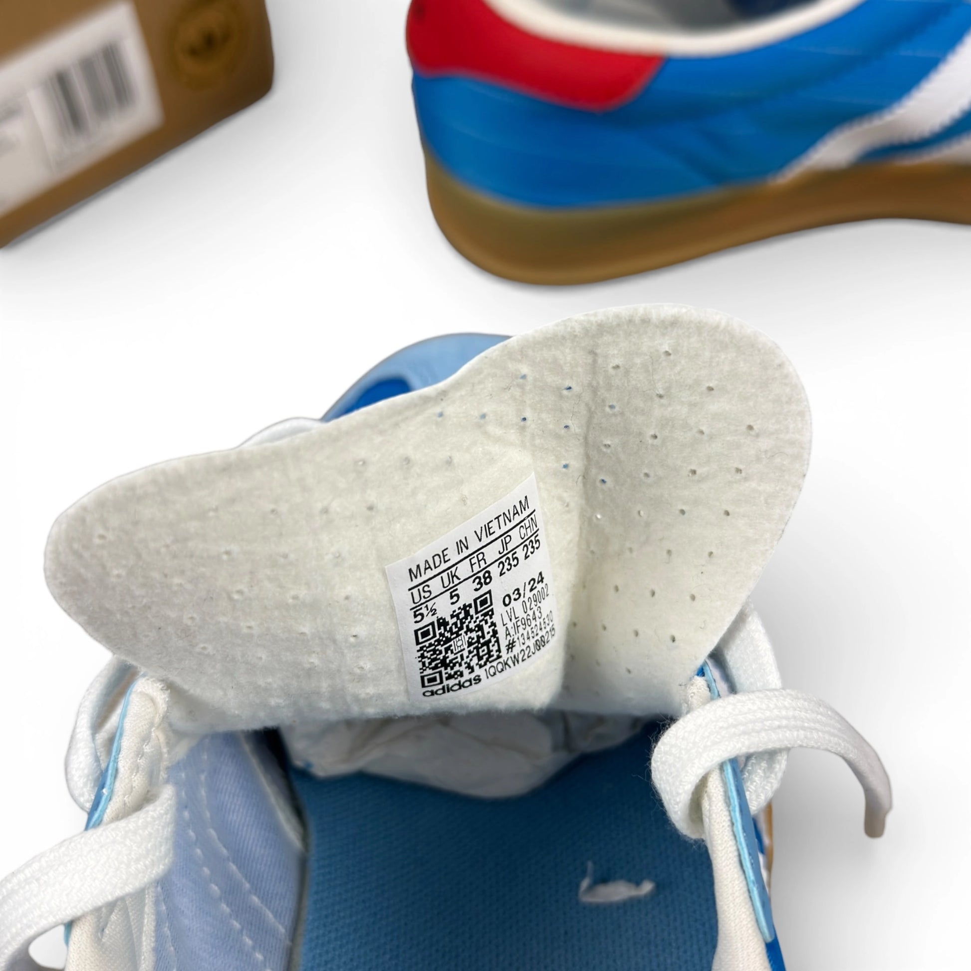 adidas Gazelle Indoor in Olympic Blue suede with white stripes and gum sole, EU 38, new with original box