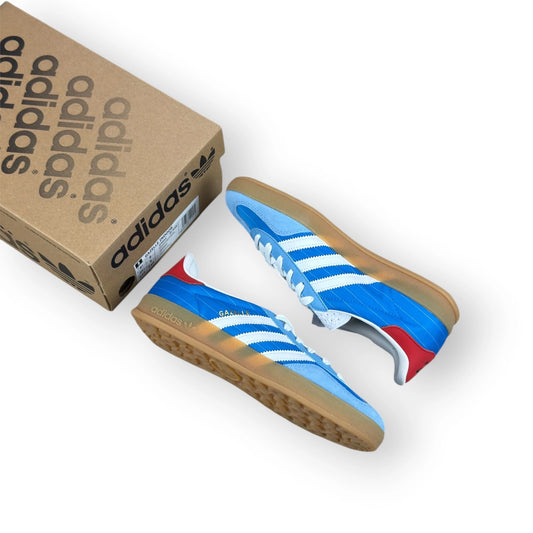 adidas Gazelle Indoor in Olympic Blue suede with white stripes and gum sole, EU 39 1/3, new with original box