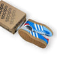adidas Gazelle Indoor in Olympic Blue suede with white stripes and gum sole, EU 39 1/3, new with original box