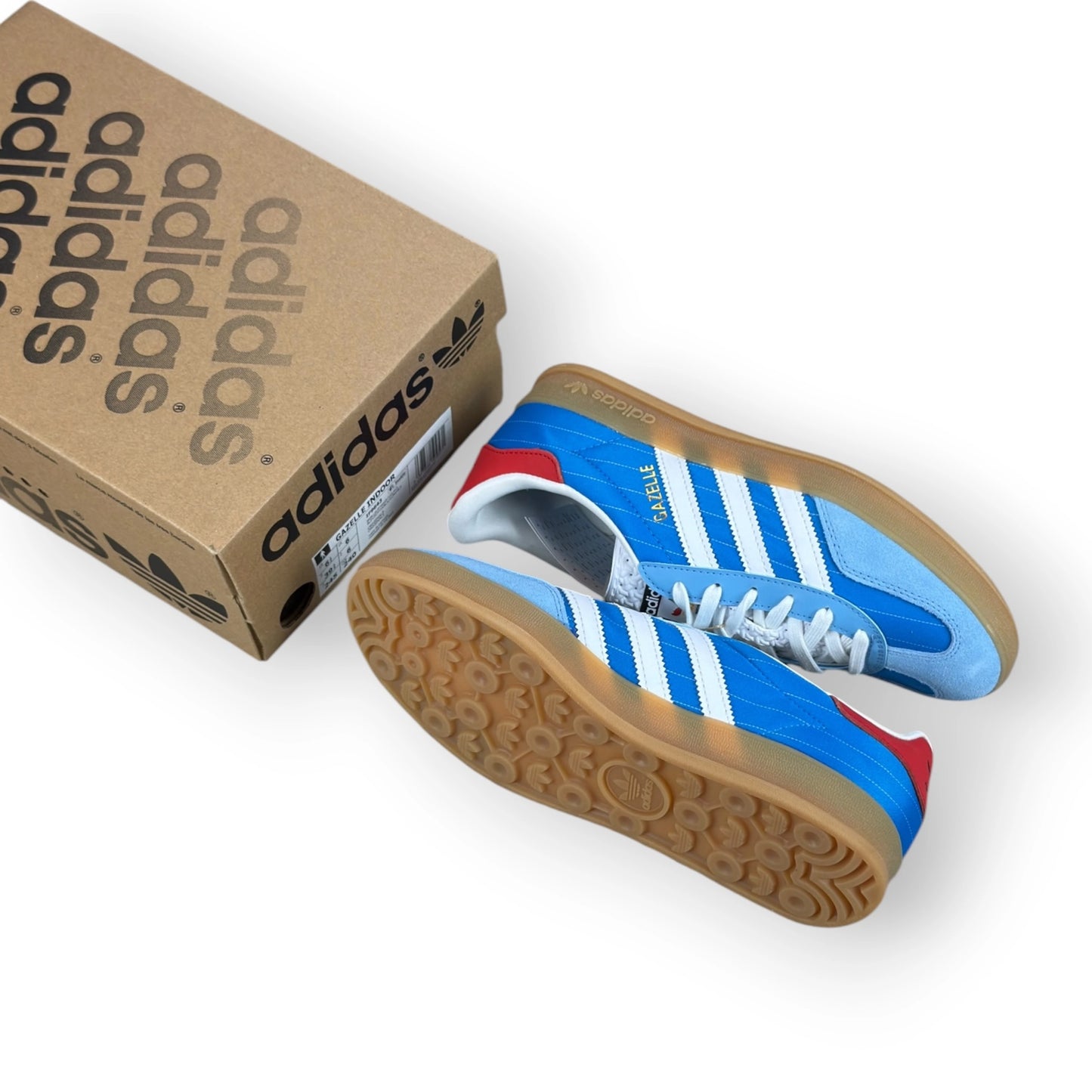 adidas Gazelle Indoor in Olympic Blue suede with white stripes and gum sole, EU 39 1/3, new with original box