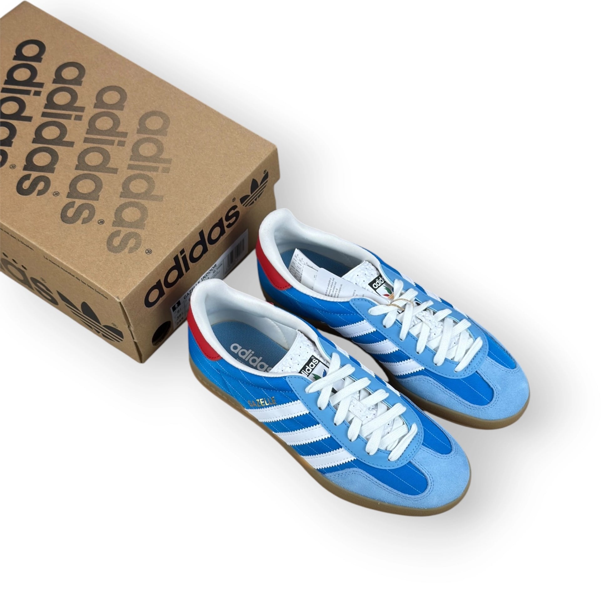adidas Gazelle Indoor in Olympic Blue suede with white stripes and gum sole, EU 39 1/3, new with original box