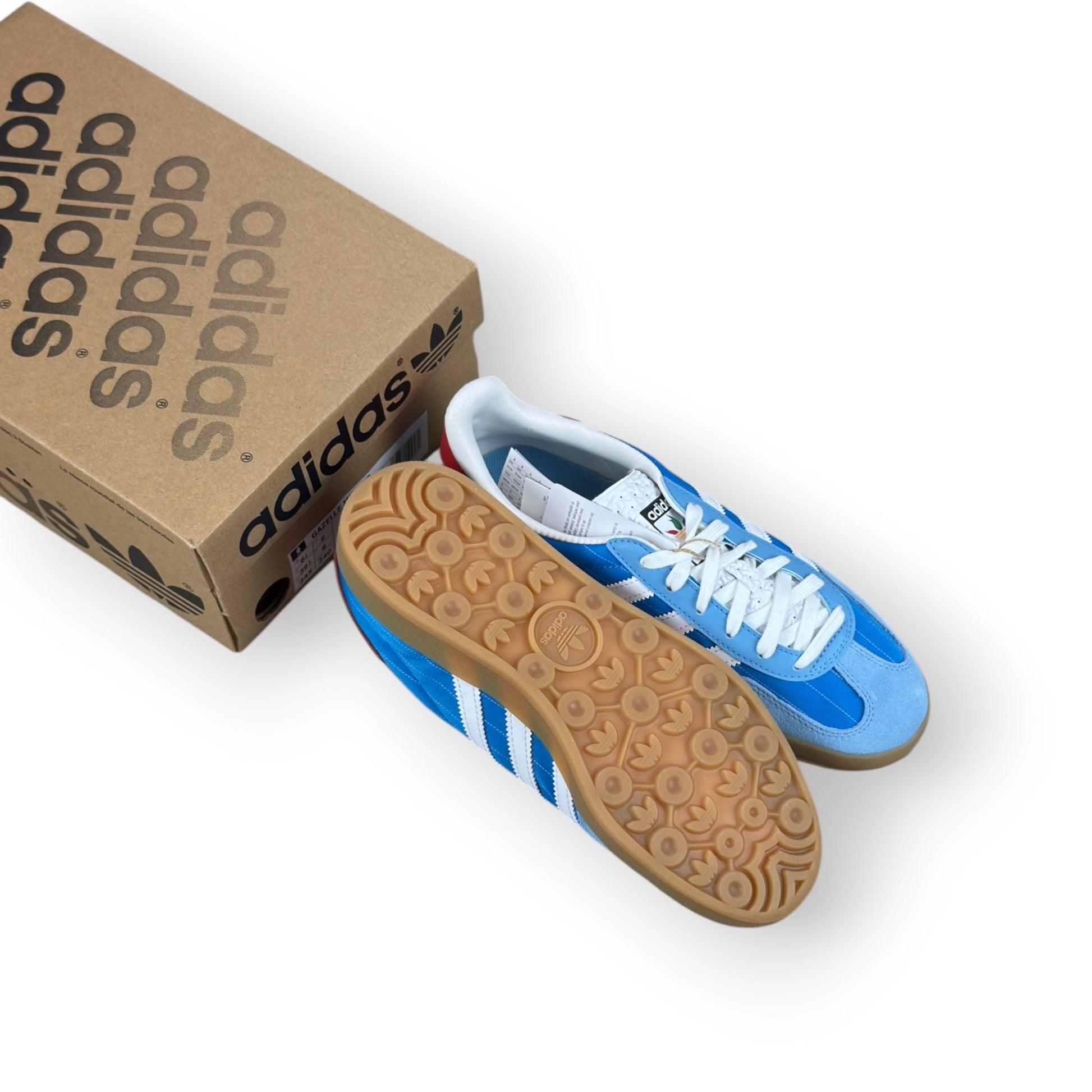 adidas Gazelle Indoor in Olympic Blue suede with white stripes and gum sole, EU 39 1/3, new with original box