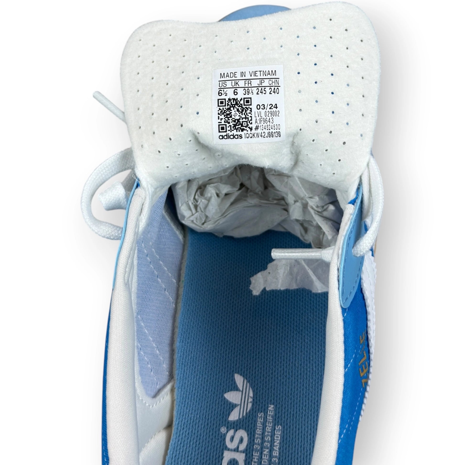adidas Gazelle Indoor in Olympic Blue suede with white stripes and gum sole, EU 39 1/3, new with original box