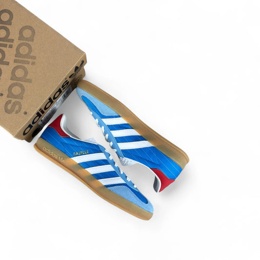 adidas Gazelle Indoor in Olympic Blue suede with white stripes and gum sole, EU 40, new with original box