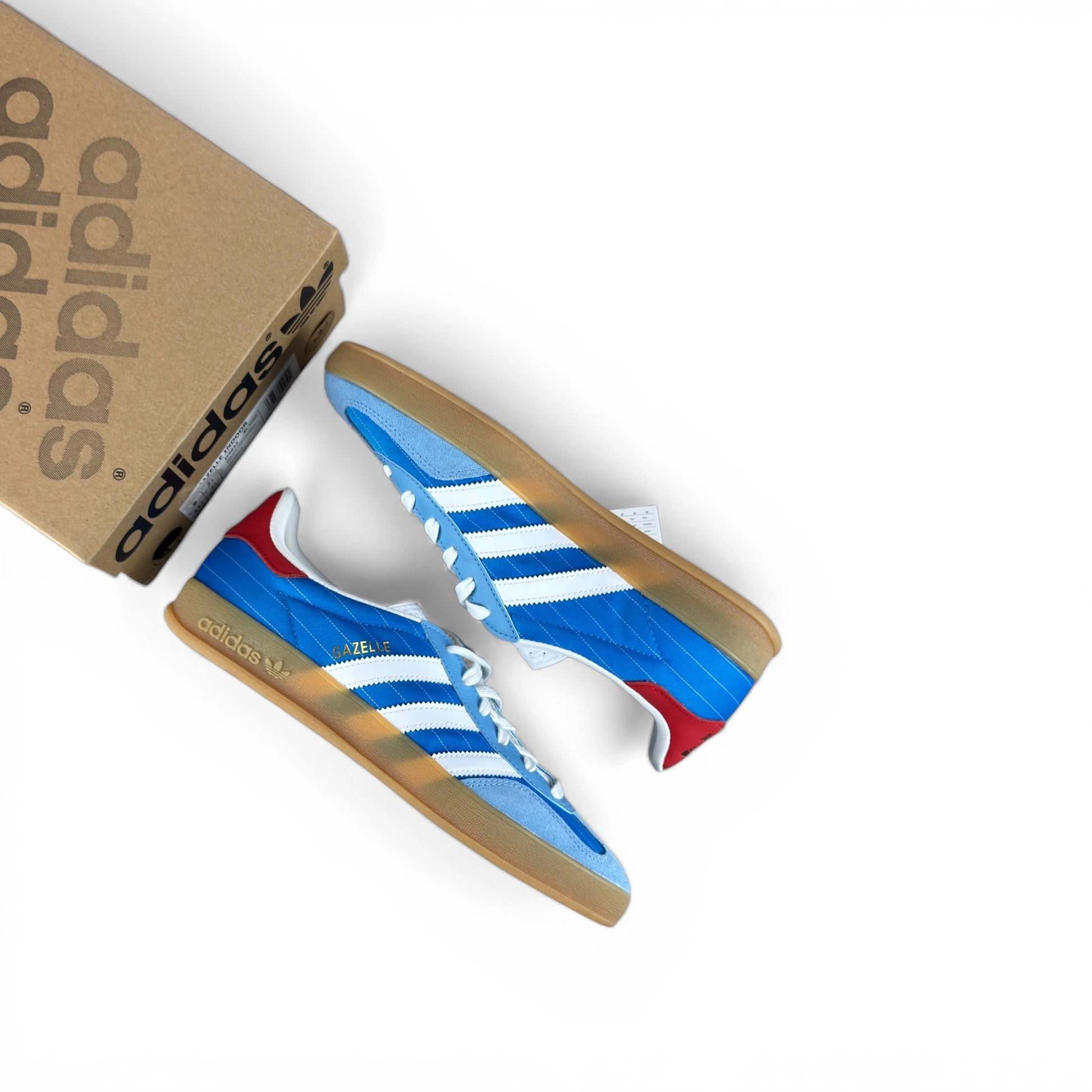 adidas Gazelle Indoor in Olympic Blue suede with white stripes and gum sole, EU 41 1/3, new with original box