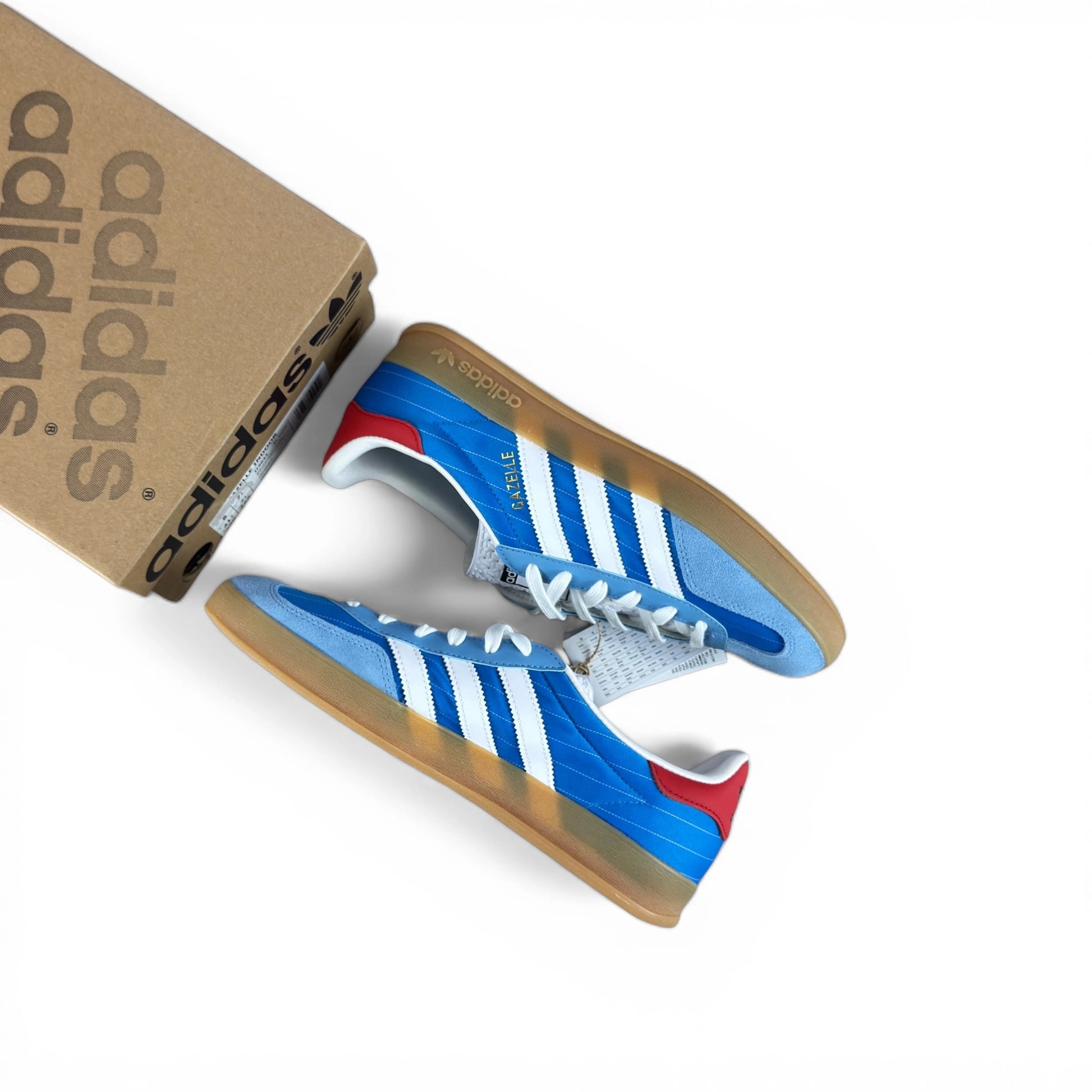 adidas Gazelle Indoor in Olympic Blue suede with white stripes and gum sole, EU 41 1/3, new with original box