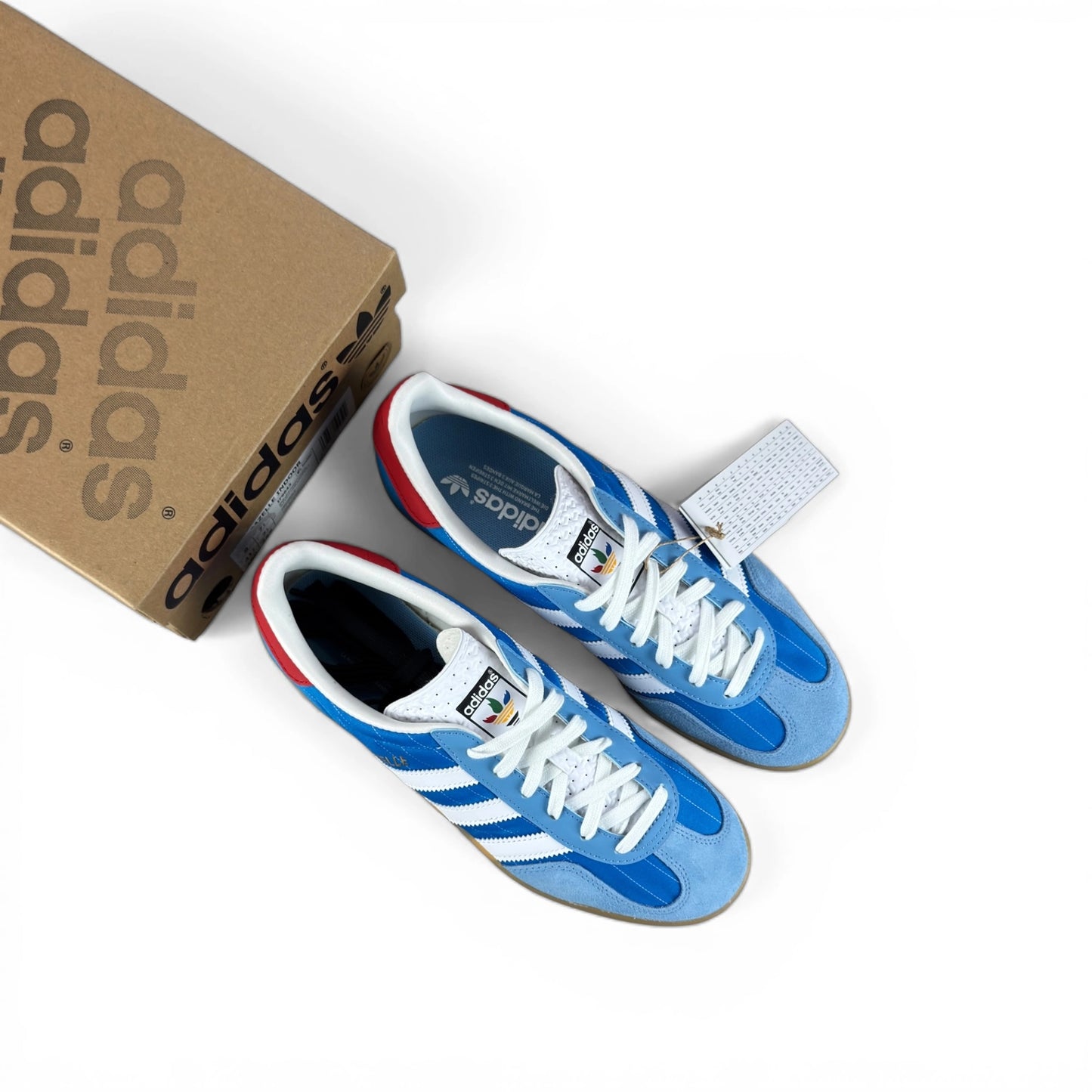 adidas Gazelle Indoor in Olympic Blue suede with white stripes and gum sole, EU 41 1/3, new with original box