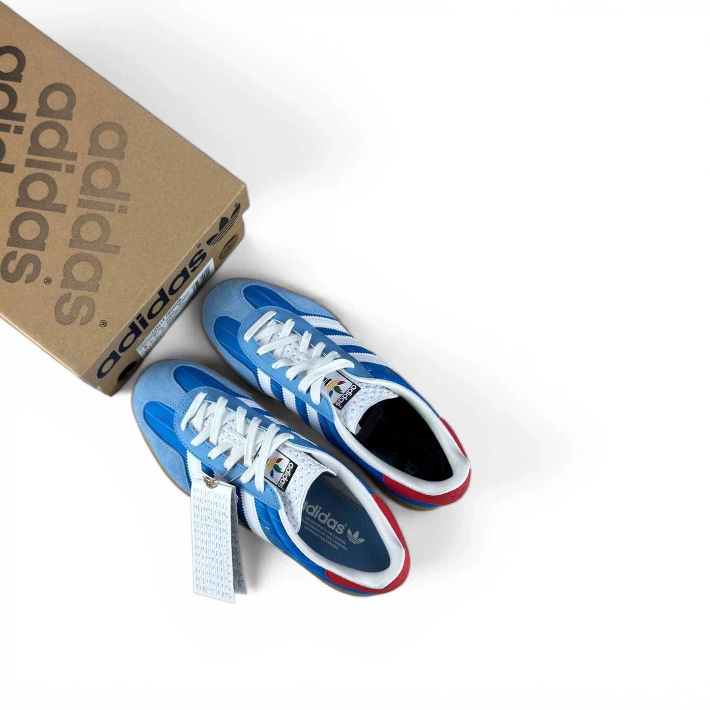 adidas Gazelle Indoor in Olympic Blue suede with white stripes and gum sole, EU 41 1/3, new with original box