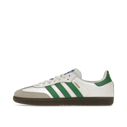 Adidas Samba OG white and green sneakers, side view, model IG1024, with white leather and green accents.