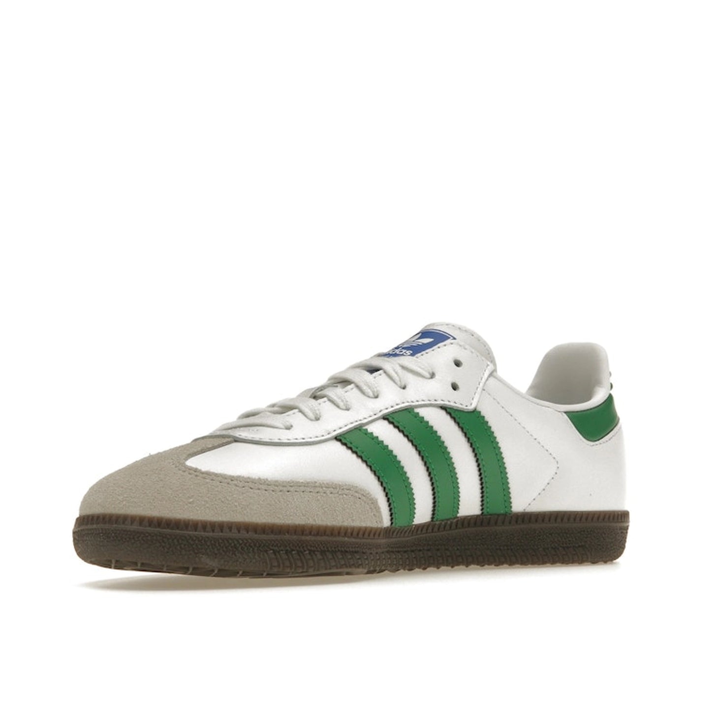 Adidas Samba OG white and green sneakers, front view, model IG1024, with white leather and green accents.