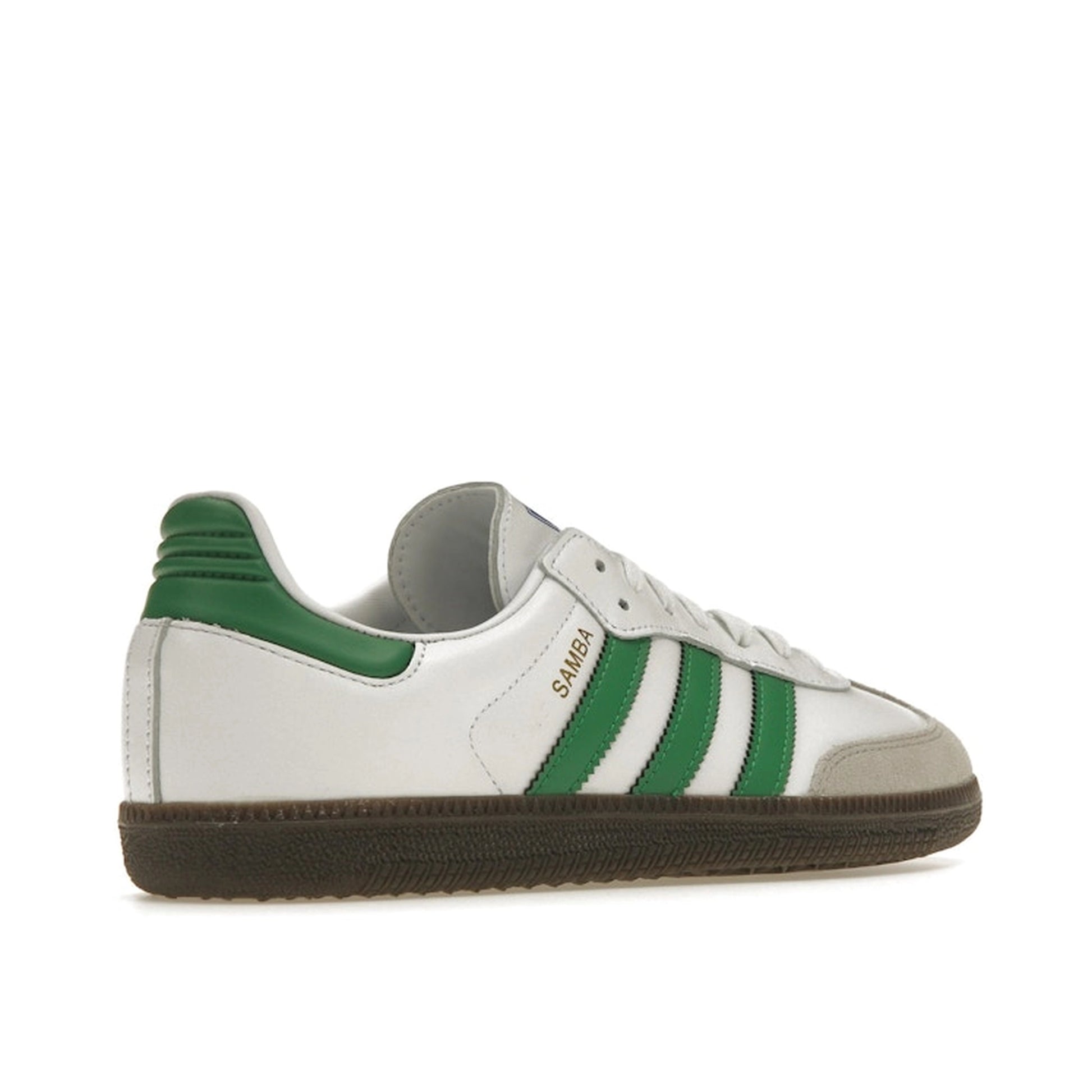 Adidas Samba OG white and green sneakers, back view, model IG1024, with white leather and green accents.