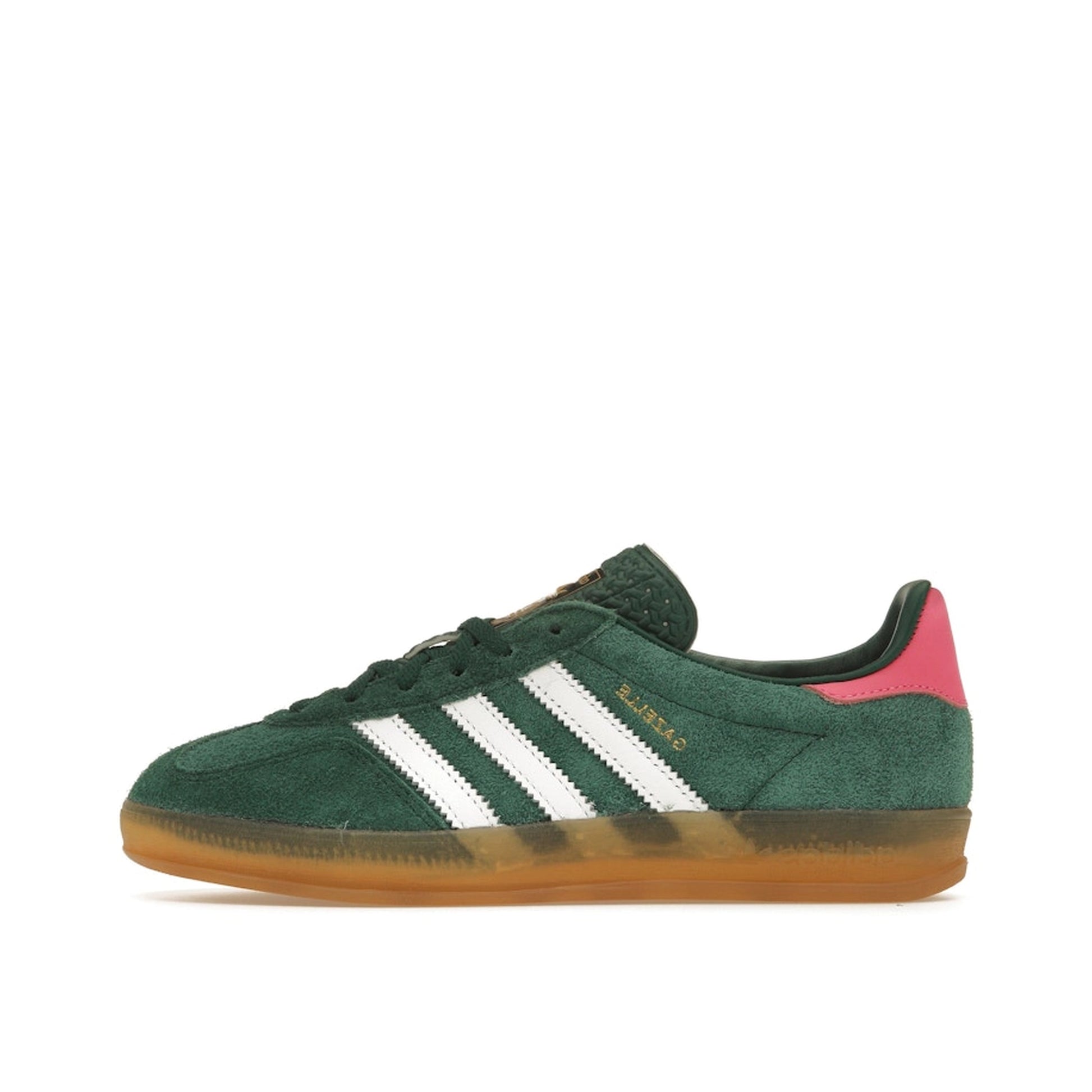 Adidas Gazelle Indoor sneakers, side view, model IG5929, collegiate green with lucid pink, gum sole.