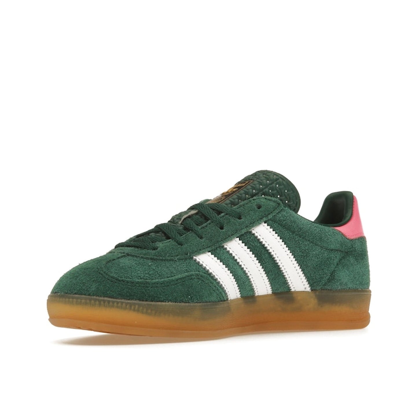 Adidas Gazelle Indoor sneakers, front view, model IG5929, collegiate green with lucid pink, gum sole.