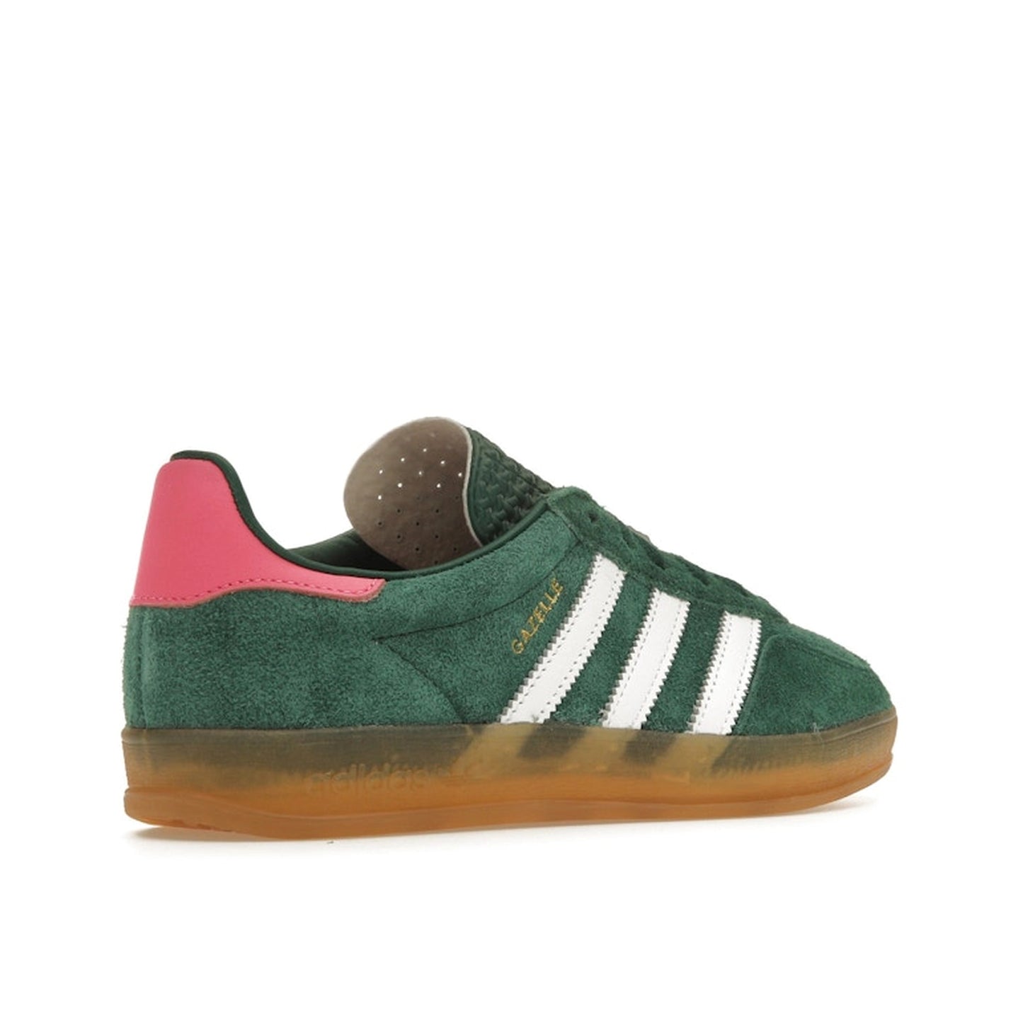 Adidas Gazelle Indoor sneakers, back view, model IG5929, collegiate green with lucid pink, gum sole.