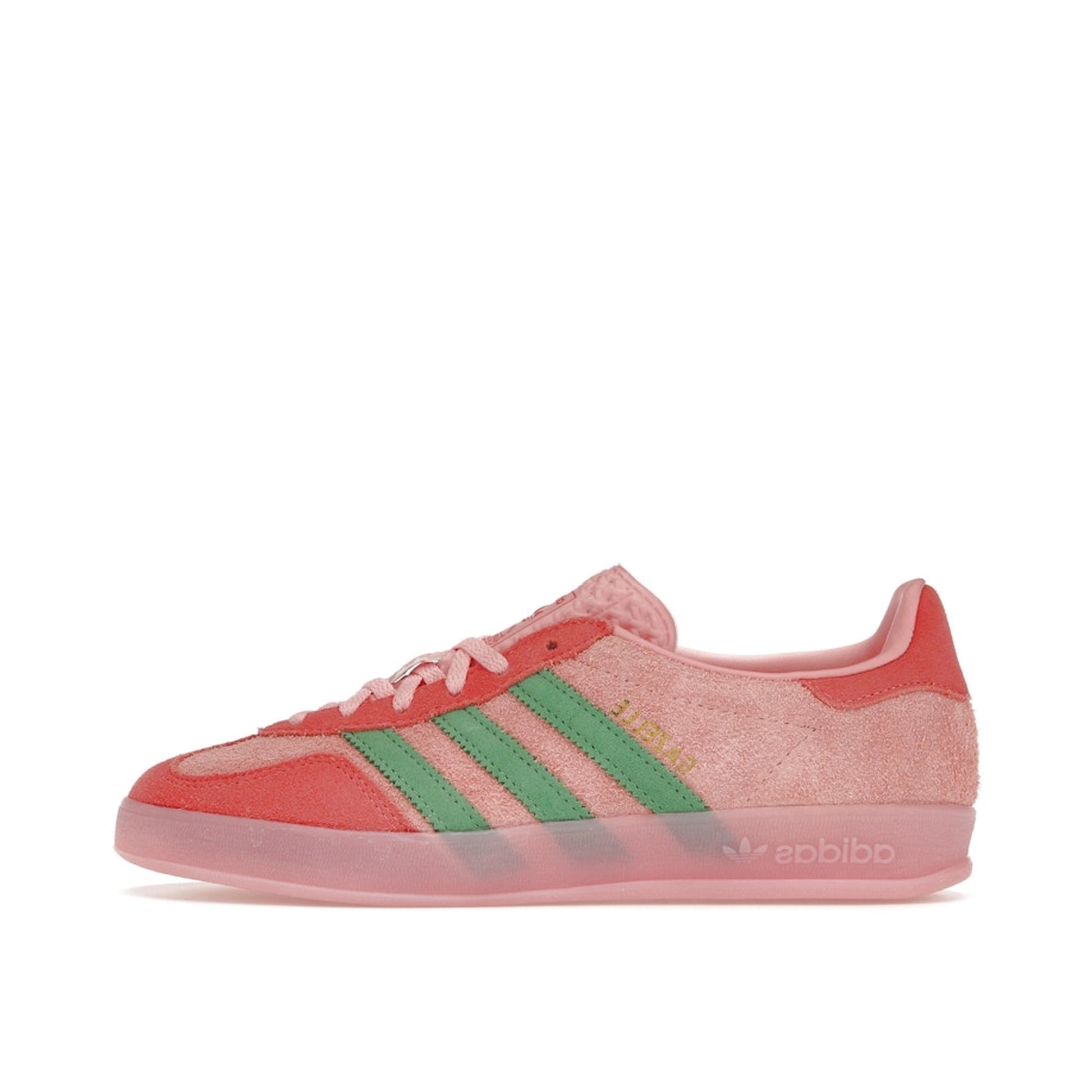 adidas Gazelle Indoor sneakers, side view, model IG6782 in semi pink spark and scarlet.