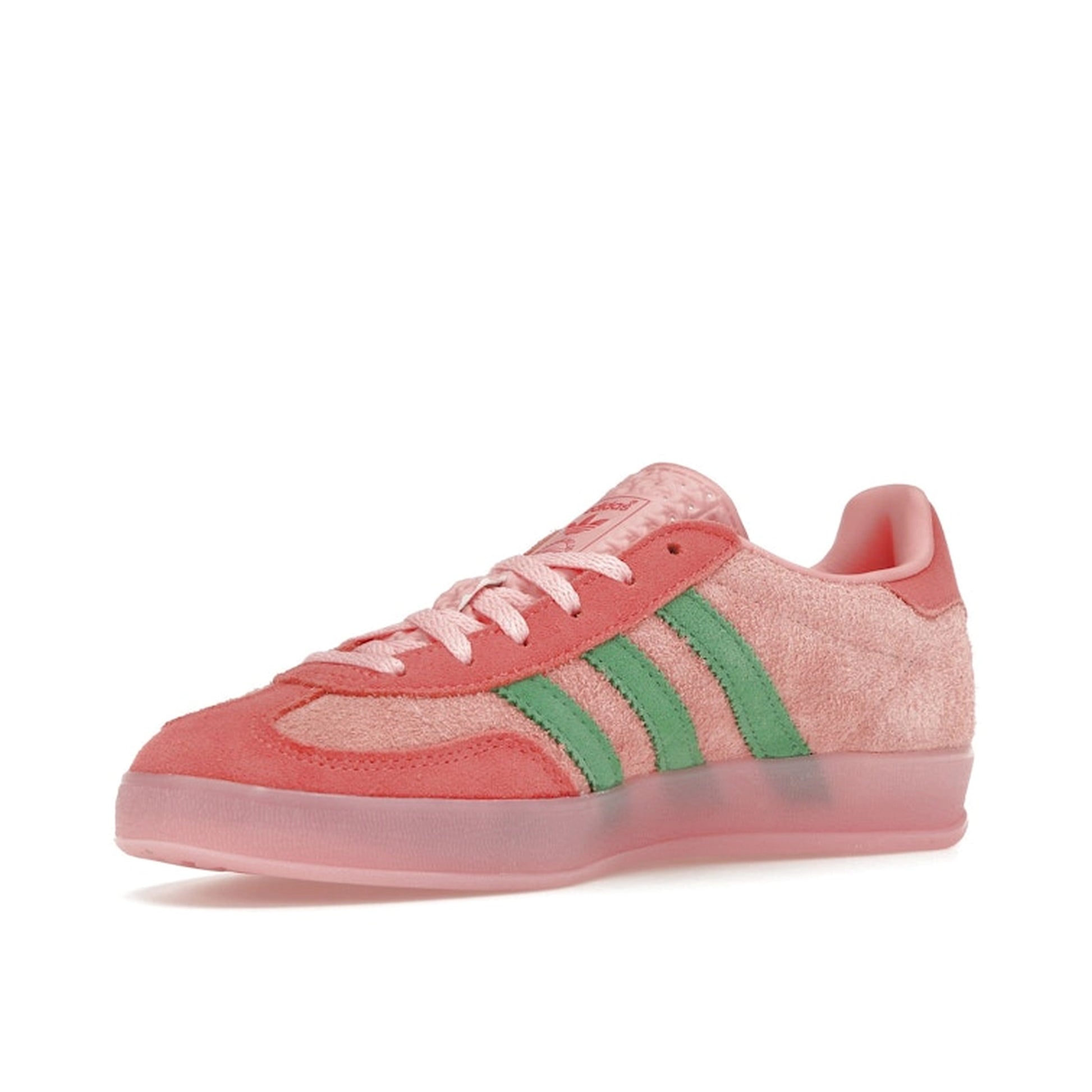 adidas Gazelle Indoor sneakers, front view, model IG6782 in semi pink spark and scarlet.