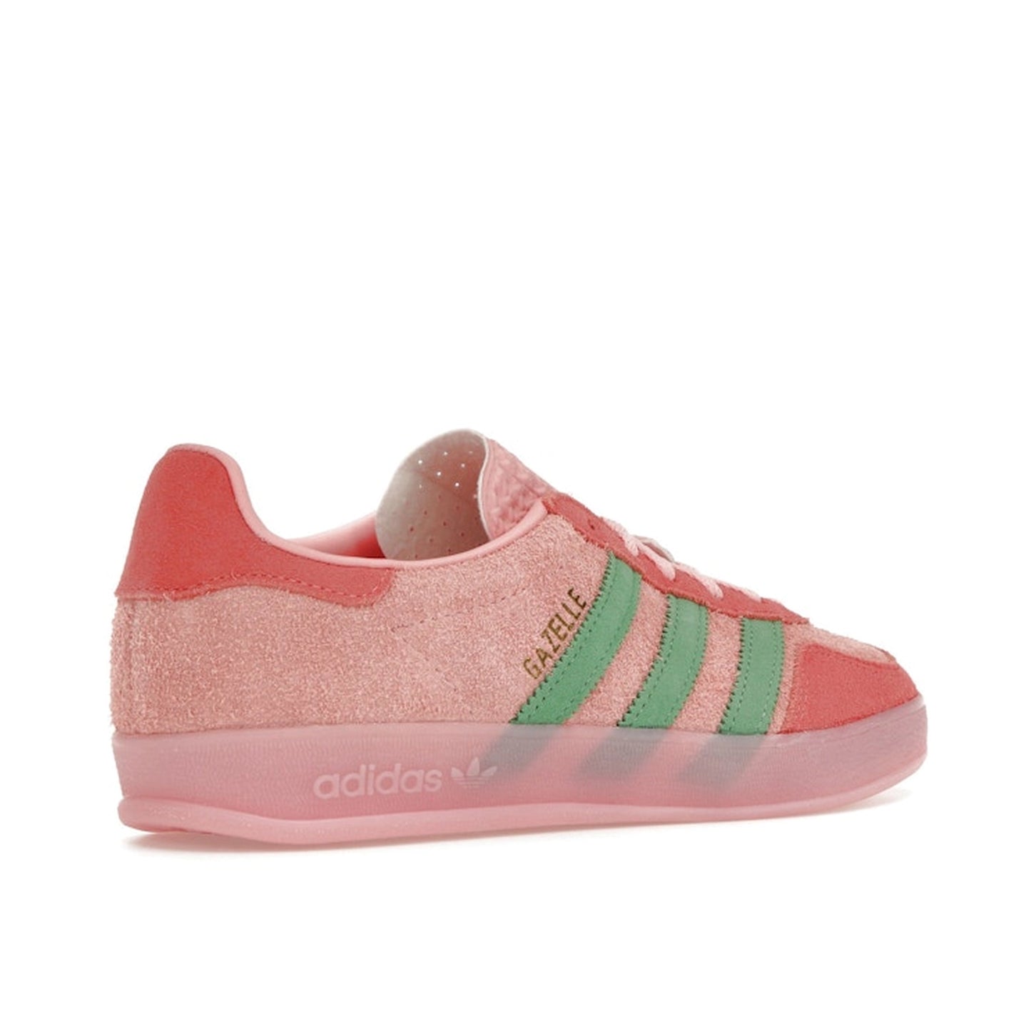 adidas Gazelle Indoor sneakers, back view, model IG6782 in semi pink spark and scarlet.