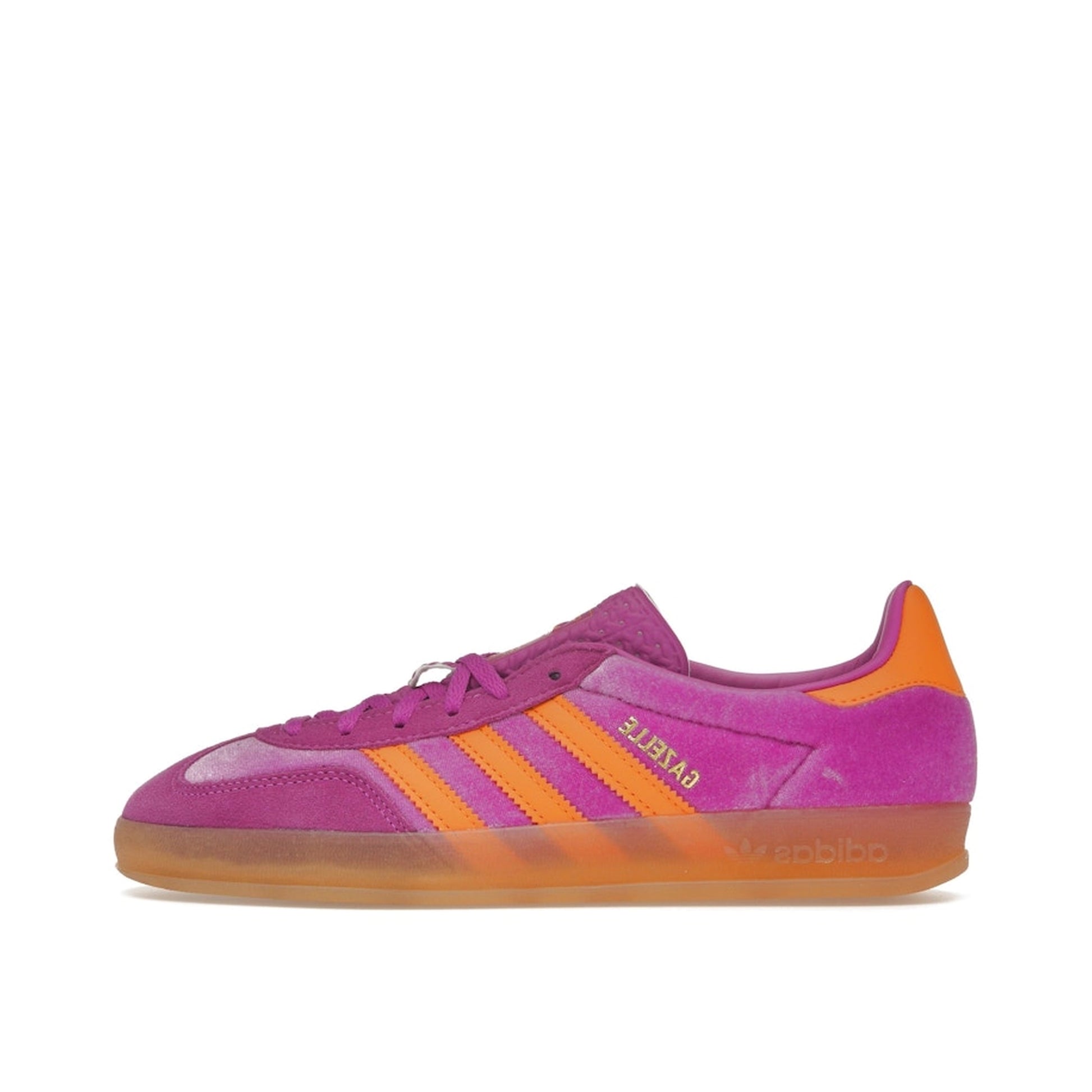 adidas Gazelle Indoor Women’s sneakers, side view, in purple burst velvet with gum sole.