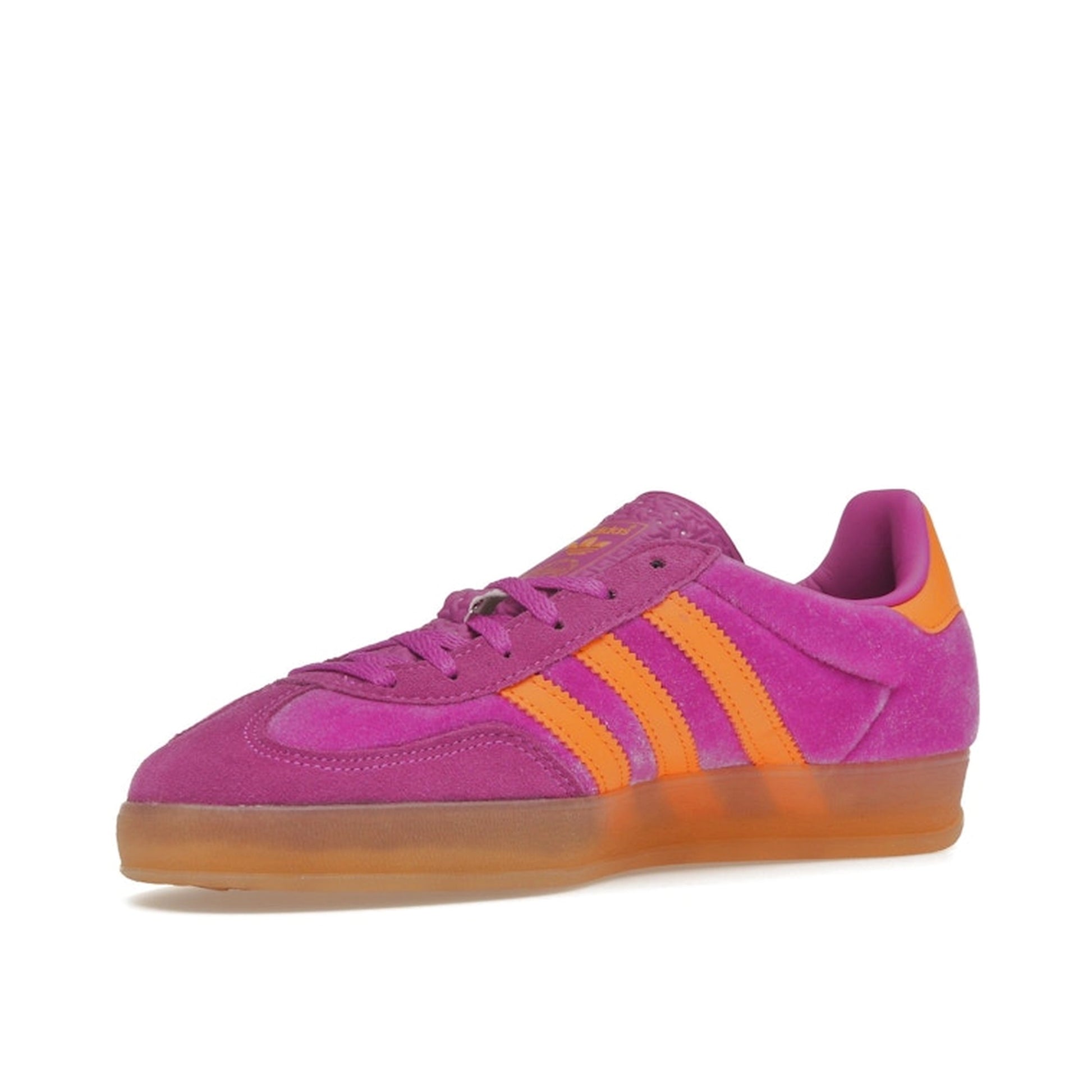 adidas Gazelle Indoor Women’s sneakers, front view, in purple burst velvet with gum sole.