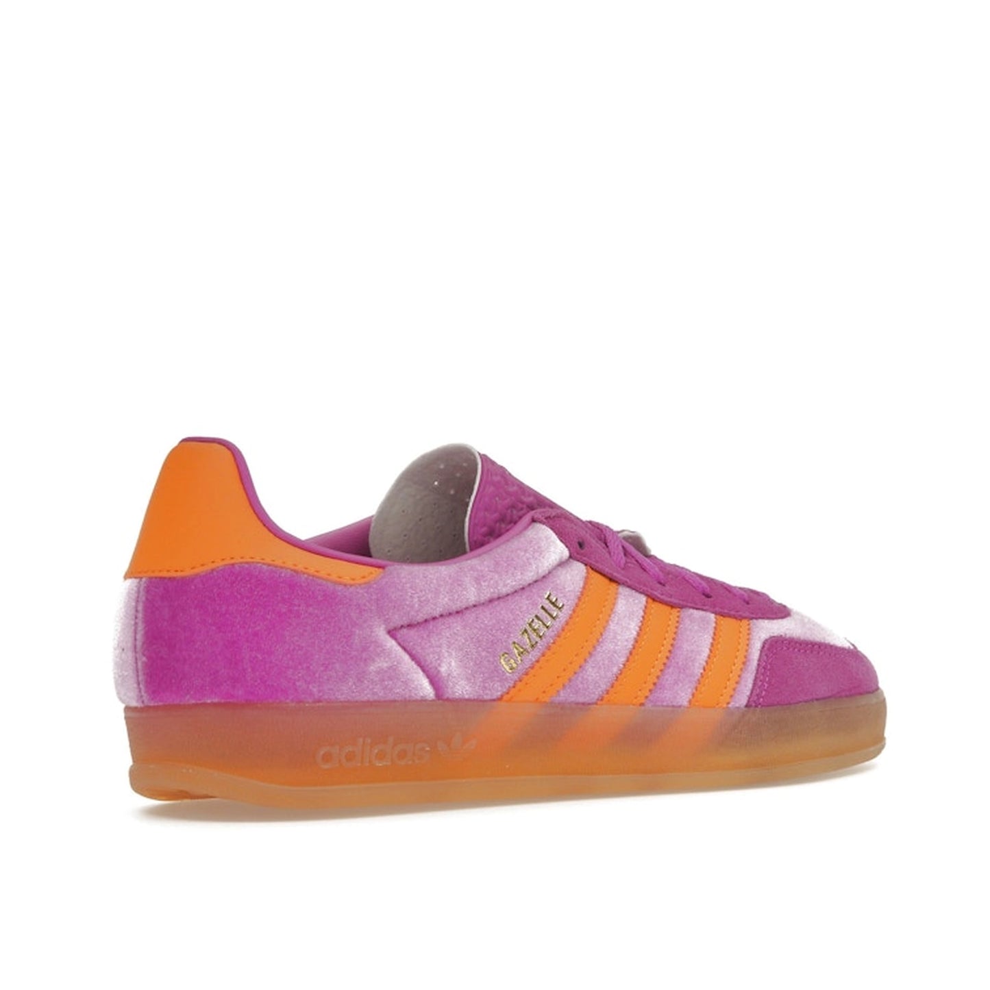 adidas Gazelle Indoor Women’s sneakers, back view, in purple burst velvet with gum sole.