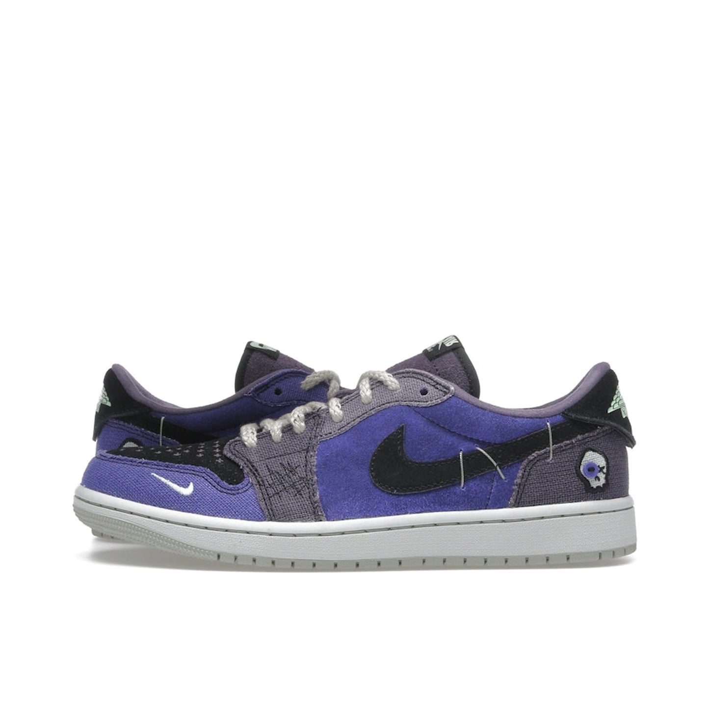 Jordan 1 Retro Low OG Zion Voodoo Alternate, side view, multicolor patchwork and raw edges.