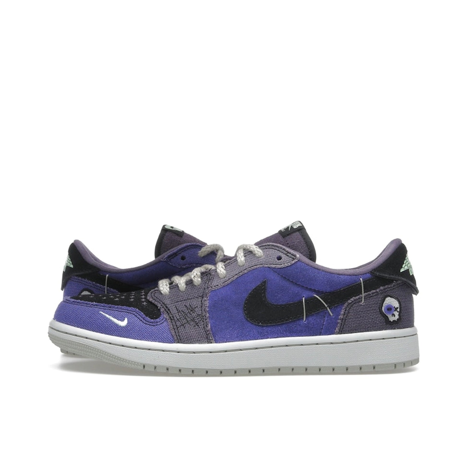 Jordan 1 Retro Low OG Zion Voodoo Alternate, side view, multicolor patchwork and raw edges.