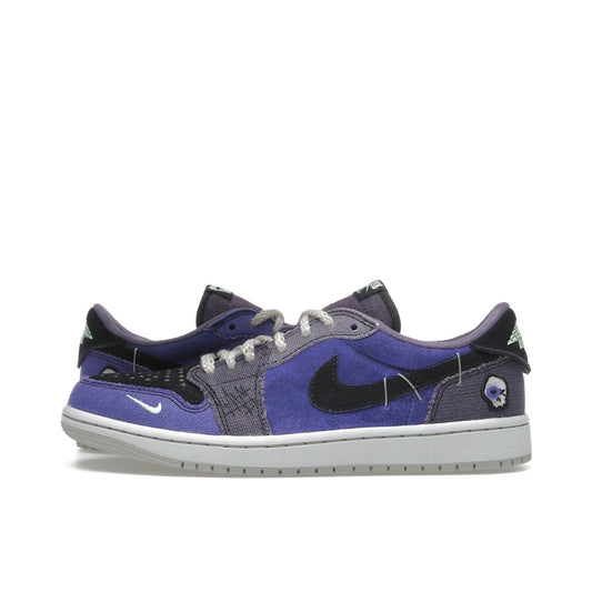 Jordan 1 Retro Low OG Zion Voodoo Alternate, side view, multicolor patchwork and raw edges.