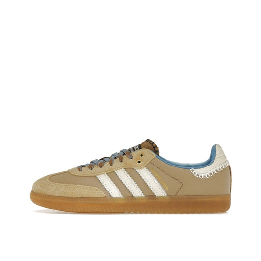 Adidas Samba Nylon Wales Bonner sneakers, side view, model IH3261, in desert white with blue details.