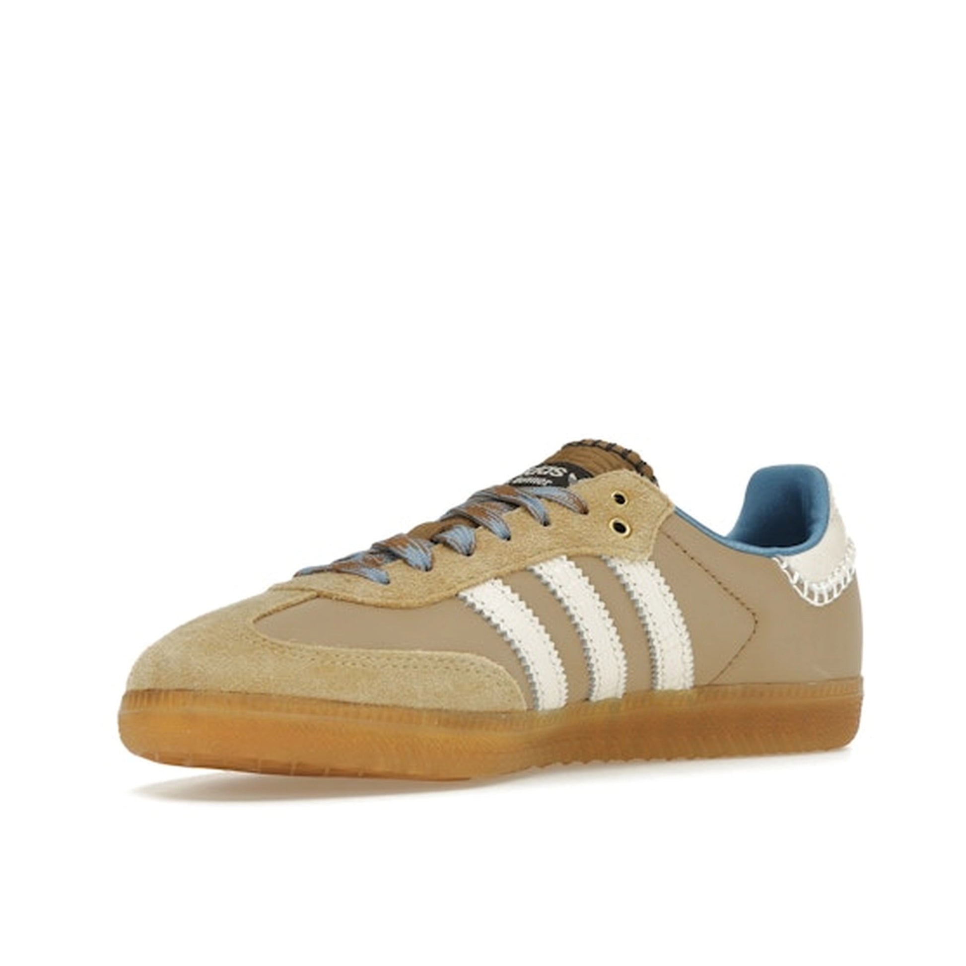 Adidas Samba Nylon Wales Bonner sneakers, front view, model IH3261, in desert white with blue details.