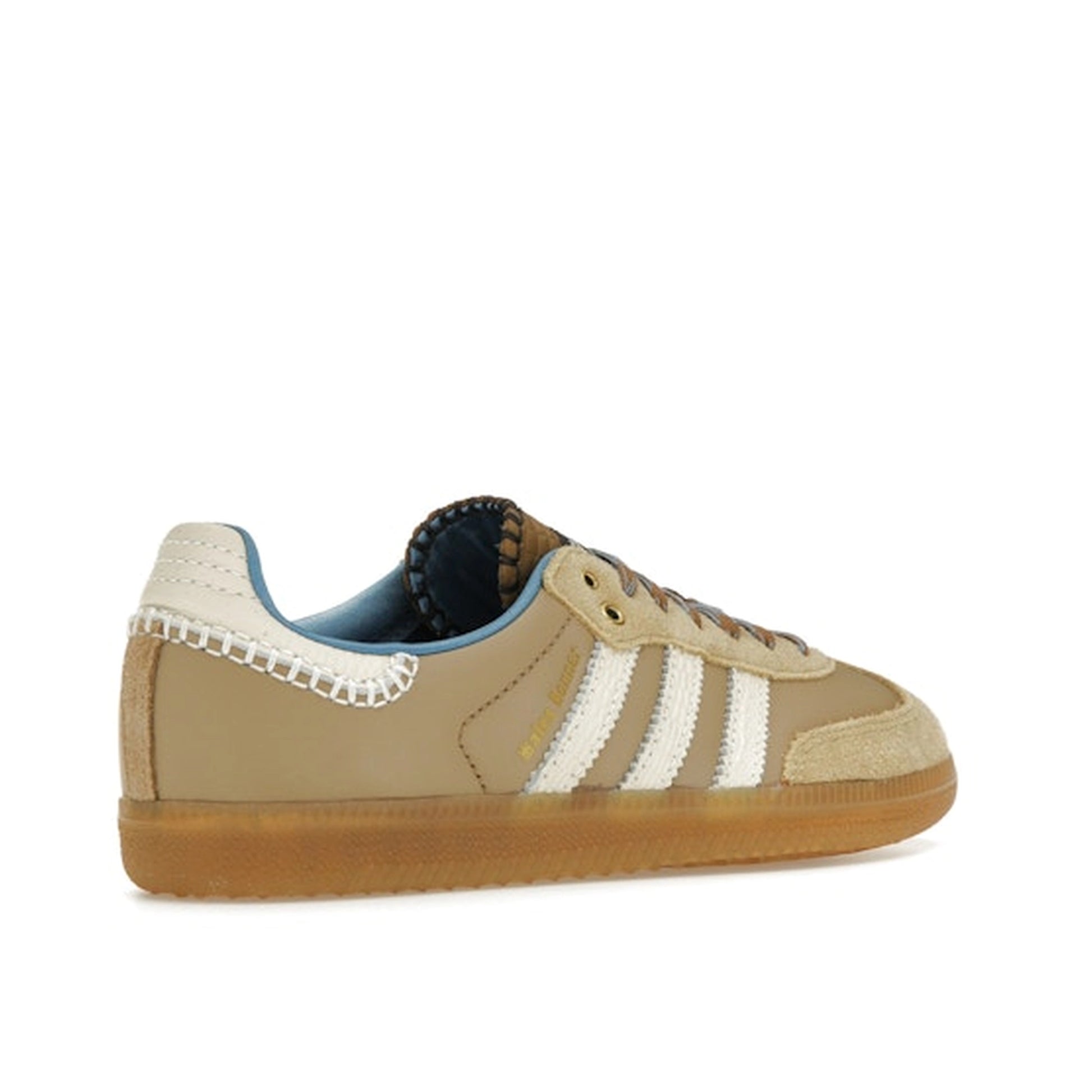 Adidas Samba Nylon Wales Bonner sneakers, back view, model IH3261, in desert white with blue details.