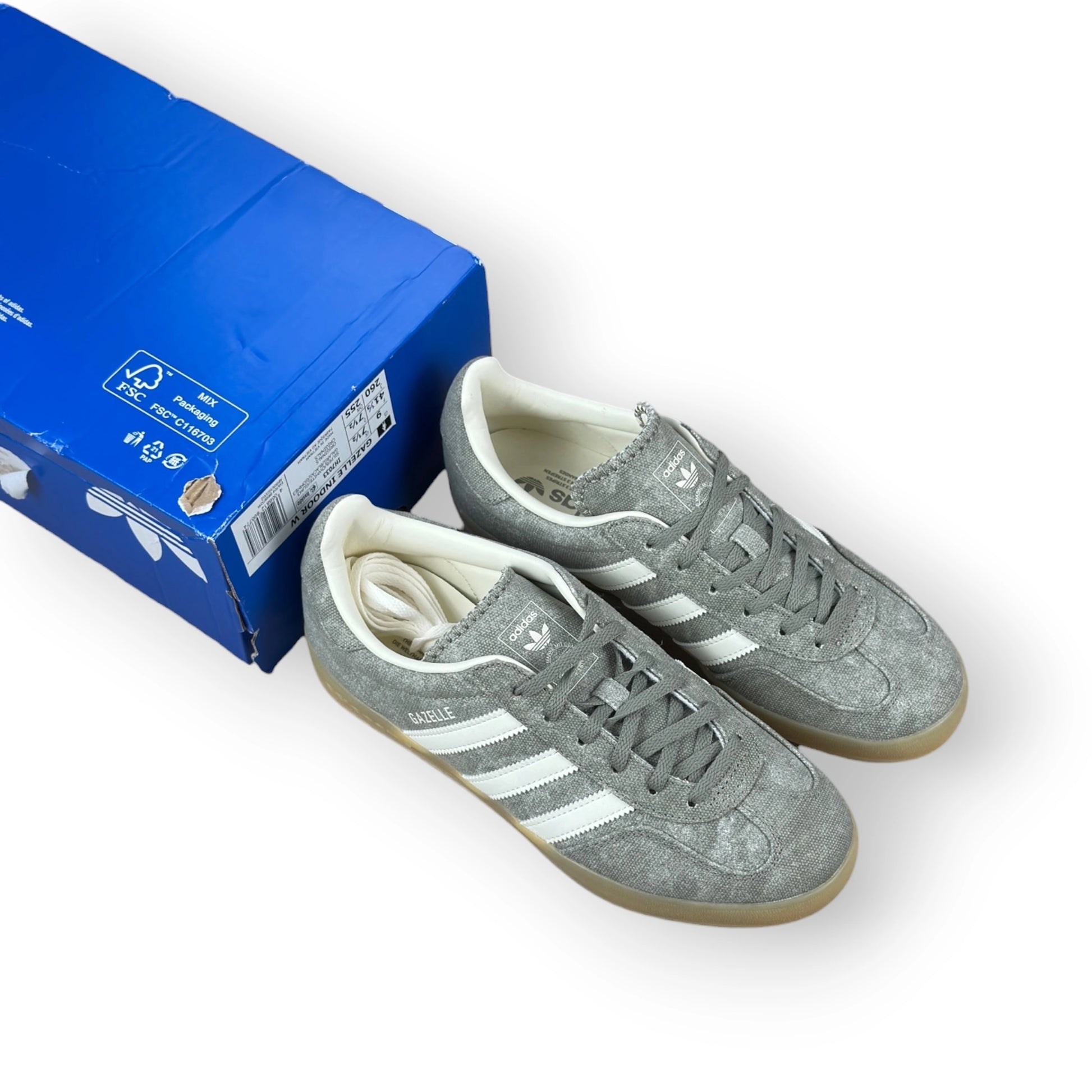 Adidas Gazelle Indoor Silver Pebble Off White Canvas IH7033 – EU 41 1/3, brand new with cut outlet box