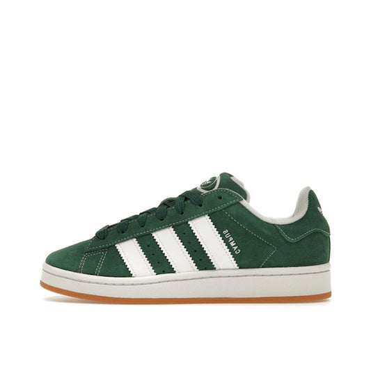 adidas Campus 00s, side view, in dark green suede with white details.