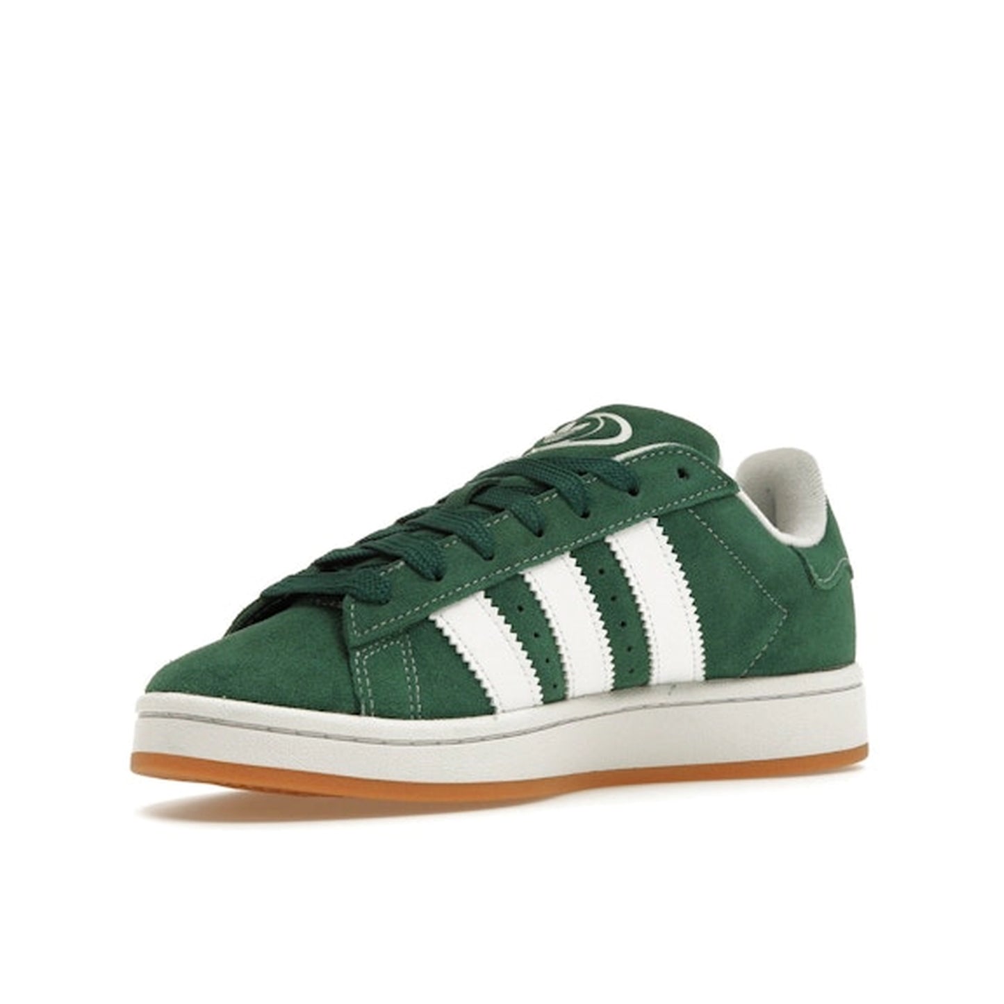 adidas Campus 00s, front view, in dark green suede with white details.