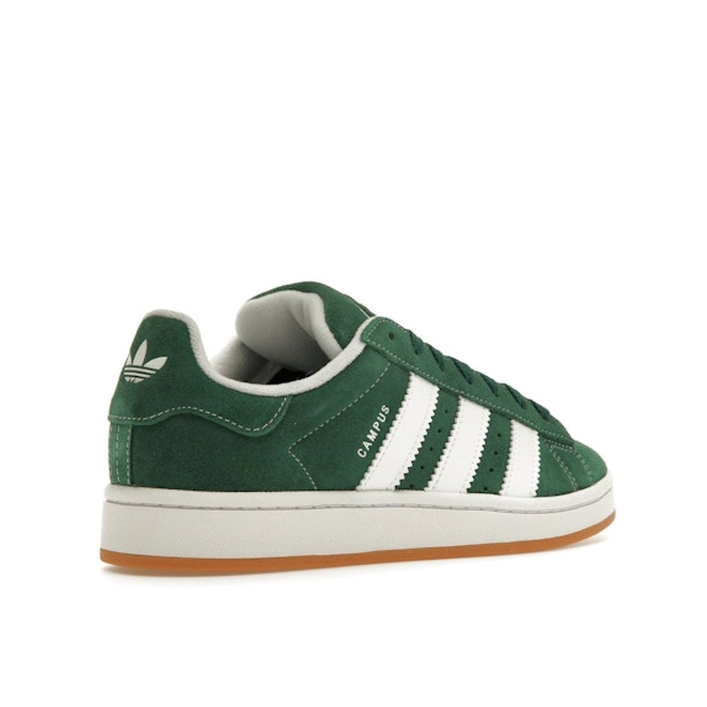 adidas Campus 00s, back view, in dark green suede with white details.