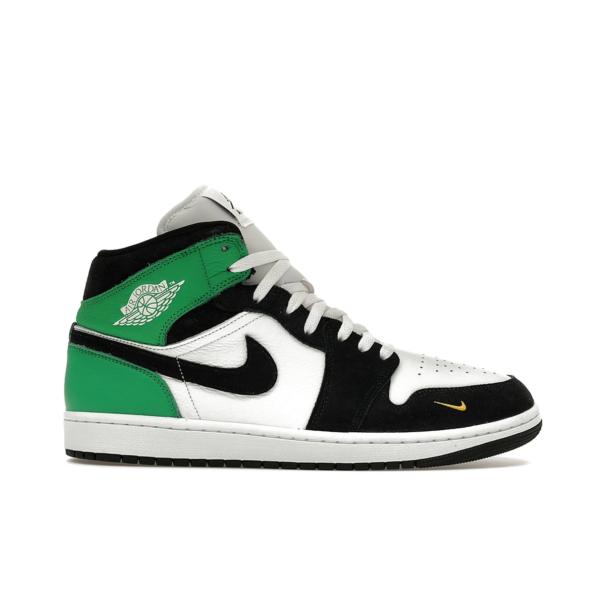Nike Jordan 1 Mid SE in Summit White, Lucky Green, University Gold, Black, leather