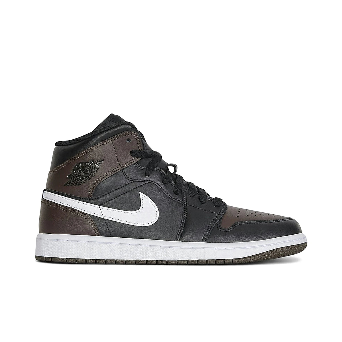 Nike Jordan 1 Mid in Baroque Brown, Black, White leather and denim