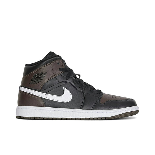 Nike Jordan 1 Mid in Baroque Brown, Black, White leather and denim