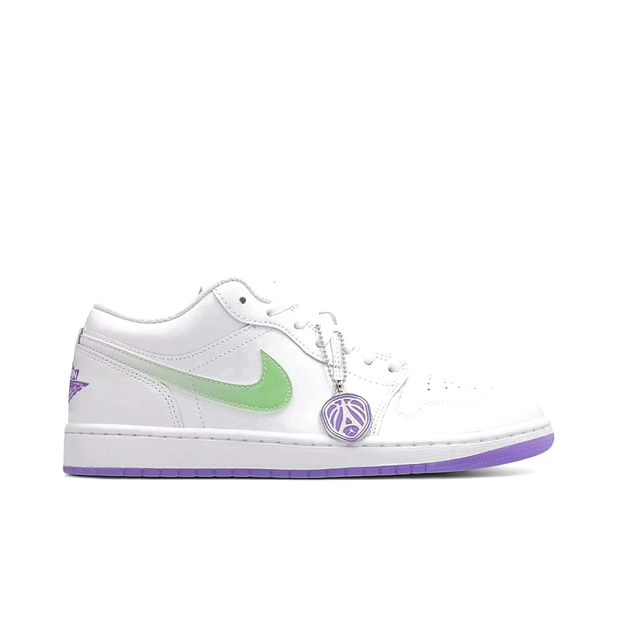 Nike Jordan 1 Low SE Quai54 in white, action grape, key lime, leather