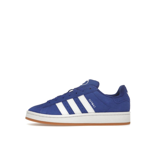 adidas Campus 00s Semi Lucid Blue White Gum, side view, in pastel blue with retro three stripes.